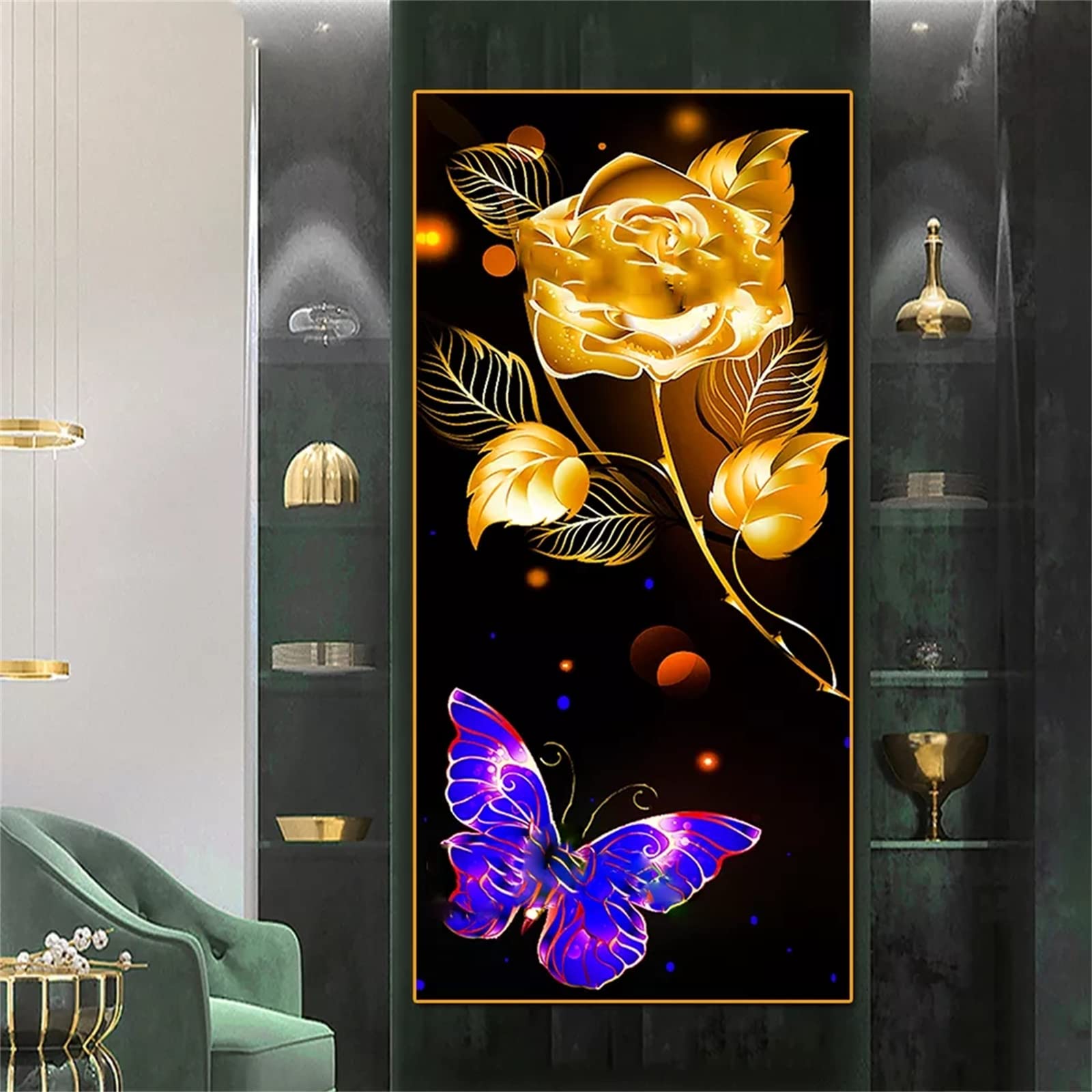DIY zestawy do malowania diamentami 5D, pełne wiertło diamentowy obraz dla dorosłych i dzieci, kryształ górski haftowanie obrazy do dekoracji ścian domu - 90 x 180 cm (złoty kwiat róży)