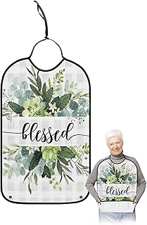 Adult Bibs for Elderly Women - Eucalyptus Leaves Waterproof Dining Clothing Protectors with Crumb Catcher for Eating/Feeding, Green Plant Spring Bless Farm Grey Plaid Terry Cloth Bib Washable