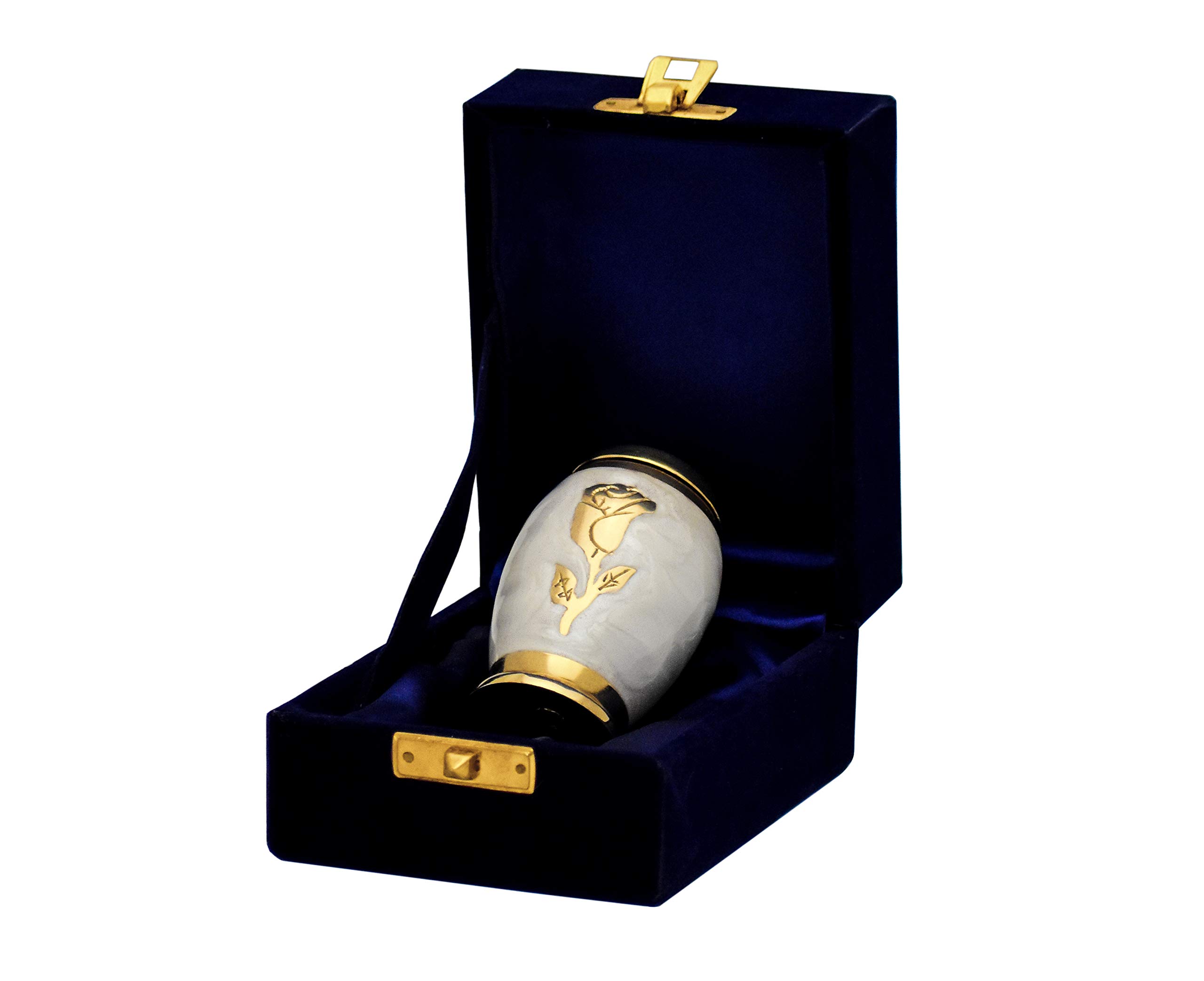 Nazareth Store Small Funeral Cremation Urn for Human Ashes White Pearl and Gold Rose Flower Miniature Memorial Keepsake - Velvet Box Case