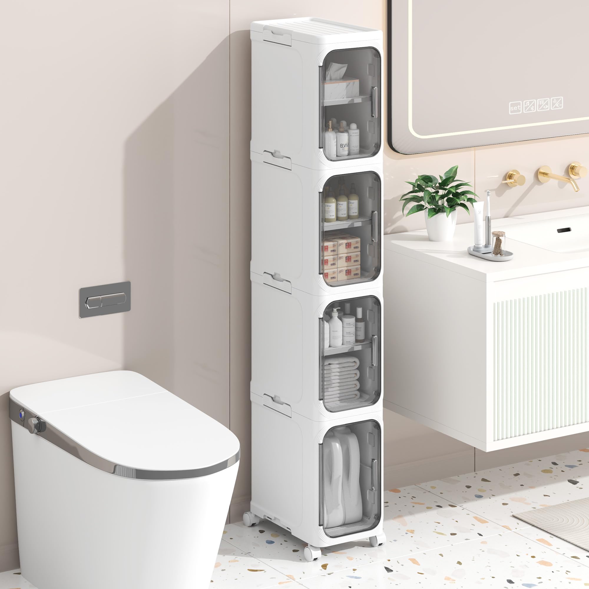 Schmaler Badezimmerschrank, freistehendes Aufbewahrungsmöbel aus Kunststoff mit Tür, wasserdichter Kleiner Rollwagen mit Rädern für Wohnzimmer, Küche (21W*127H*34D, 4 Ebenen)