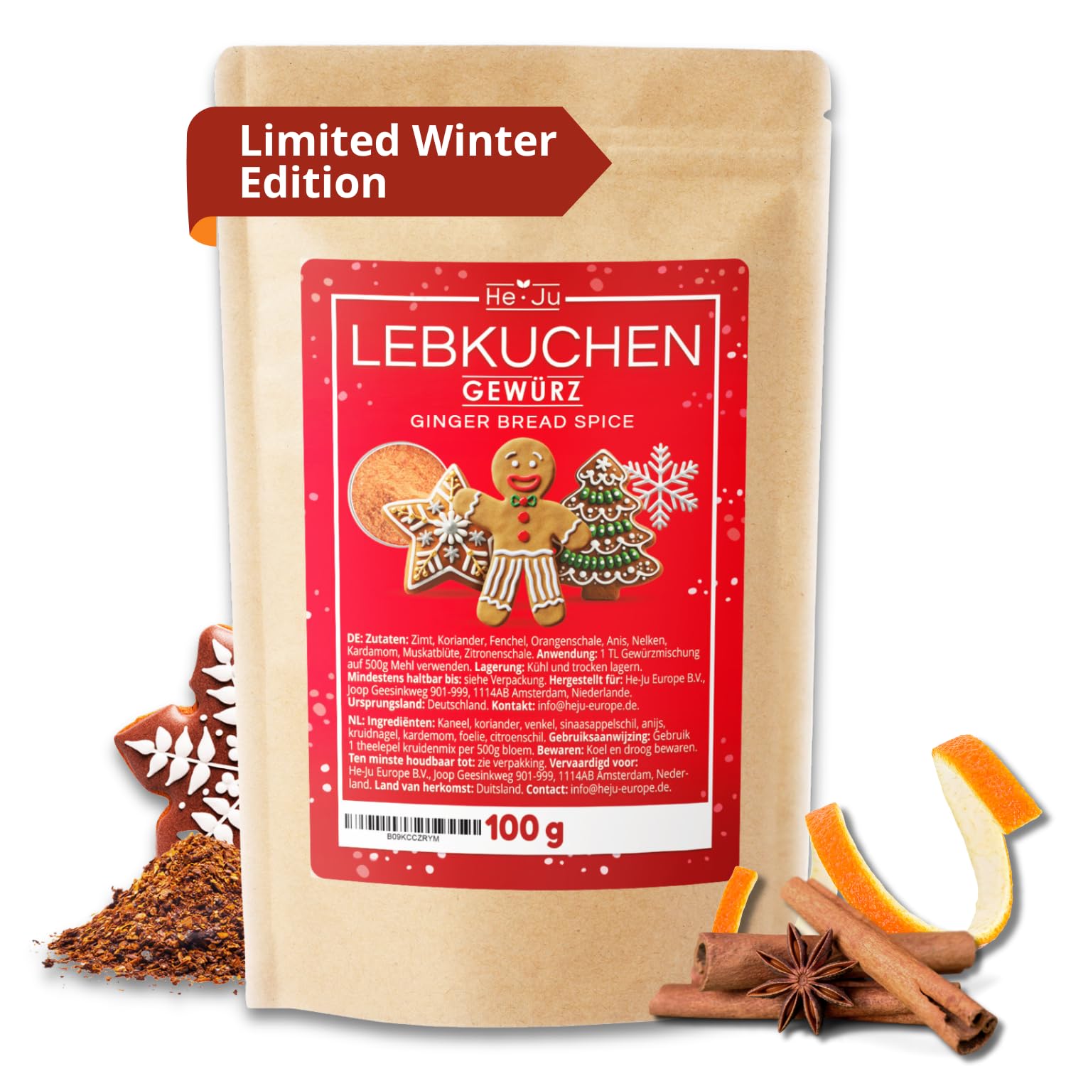 He-Ju Lebkuchengewürz zum Backen 100g, Aromatische Weihnachts-Gewürzmischung für Plätzchen & Desserts, 100% natürlich, vegan, glutenfrei, ohne Zuckerzusatz