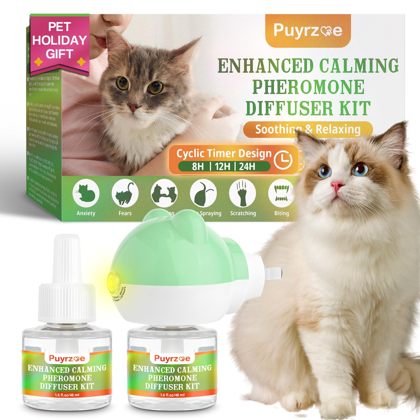 Cat Calming Diffuser with Timing Function, 3-in-1 Cat Pheromones Calming Diffuser Kit, 60-Day Anxiety Relief, Stress Relaxation Cat Pheromone Diffuser for All Cats (1 Diffuser + 2 Refills)