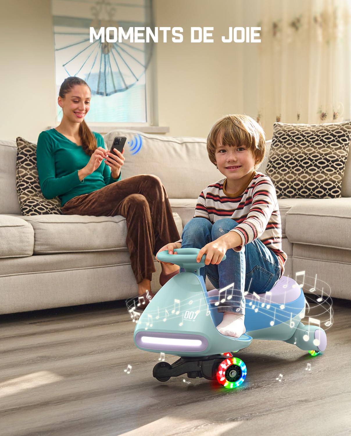 FanttikRide 12V N7 Pro Voiture Électrique Enfants, Anti-Bascule, Ergonomique, 2 en 1, 2 Vitesses, Roues Clignotantes, Bluetooth, Chargement Type C, pour Enfants à Partir de 3 Ans,Bleu Glacier.