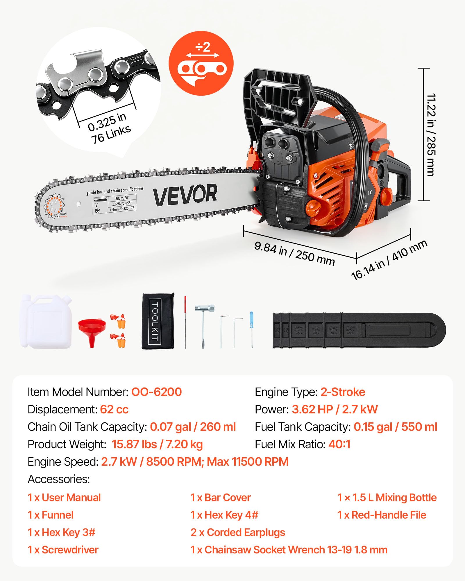 VEVOR Piła ukośna benzynowa 508 mm 62 cm3 2,7 kW z silnikiem dwusuwowym
