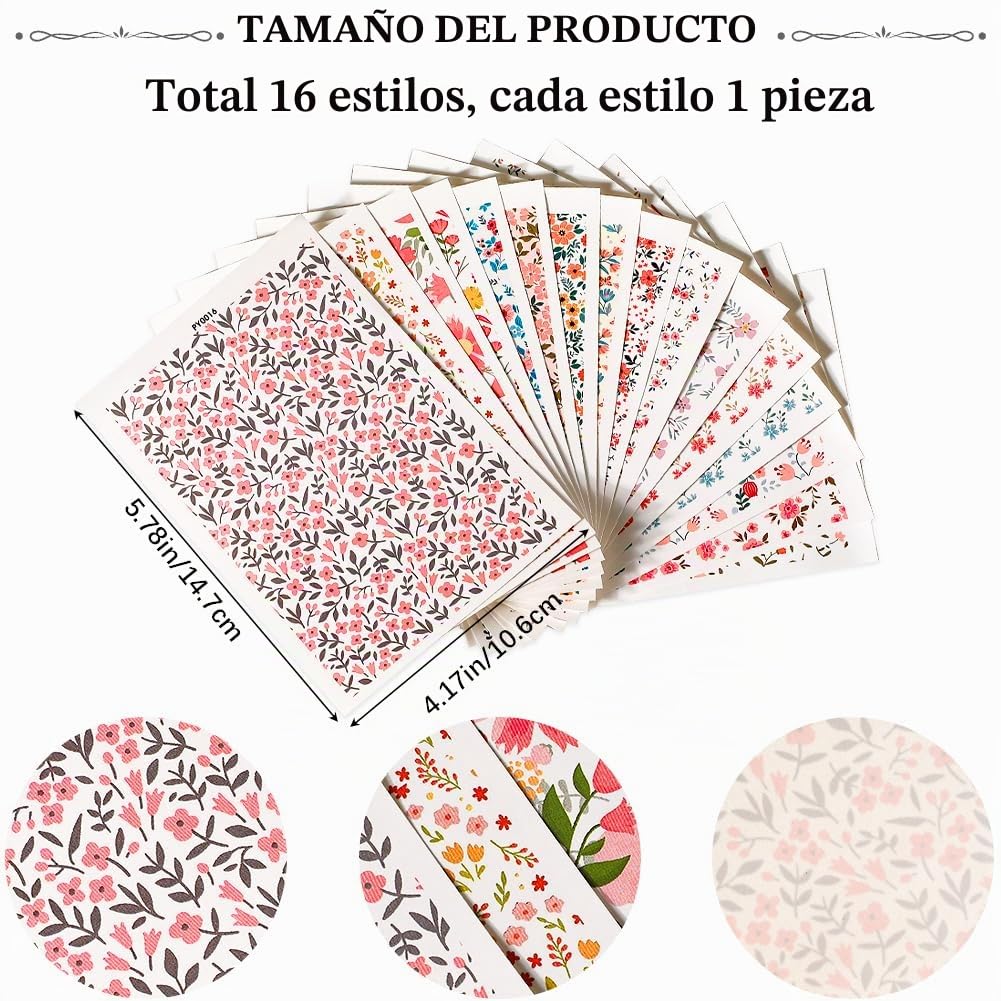 CRASPIRE 16 Estilo de Papel de Transferencia de Arcilla de Flores para Arcilla Polimérica Hojas de Transferencia Floral Hojas de Transferencia de Agua Retro Boho para Hacer Joyas Pendientes Esmalte