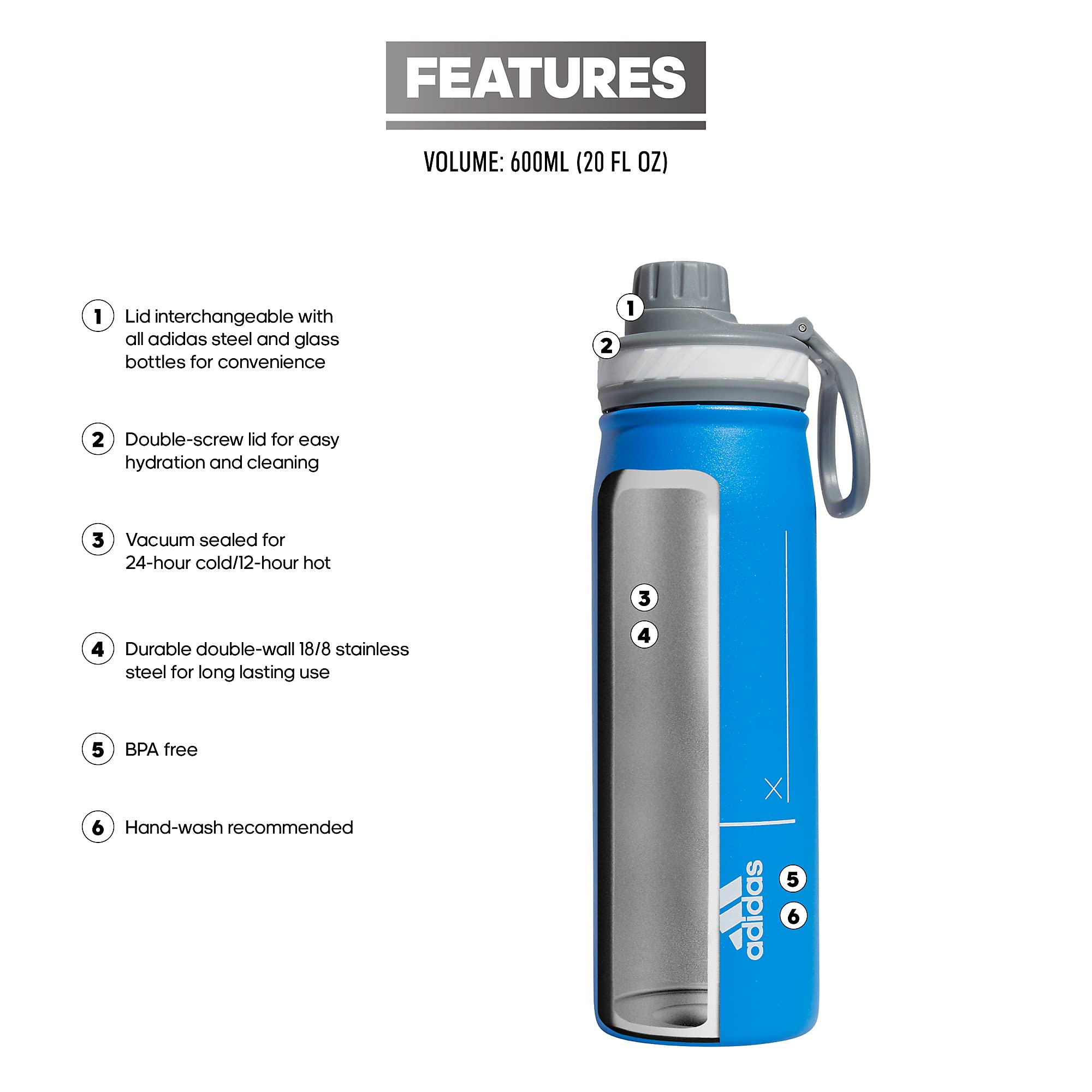 adidas 20 oz Stainless Steel Water Bottle, Insulated Double-Walled 18/8  Metal, Men, Women, Girls and Boys