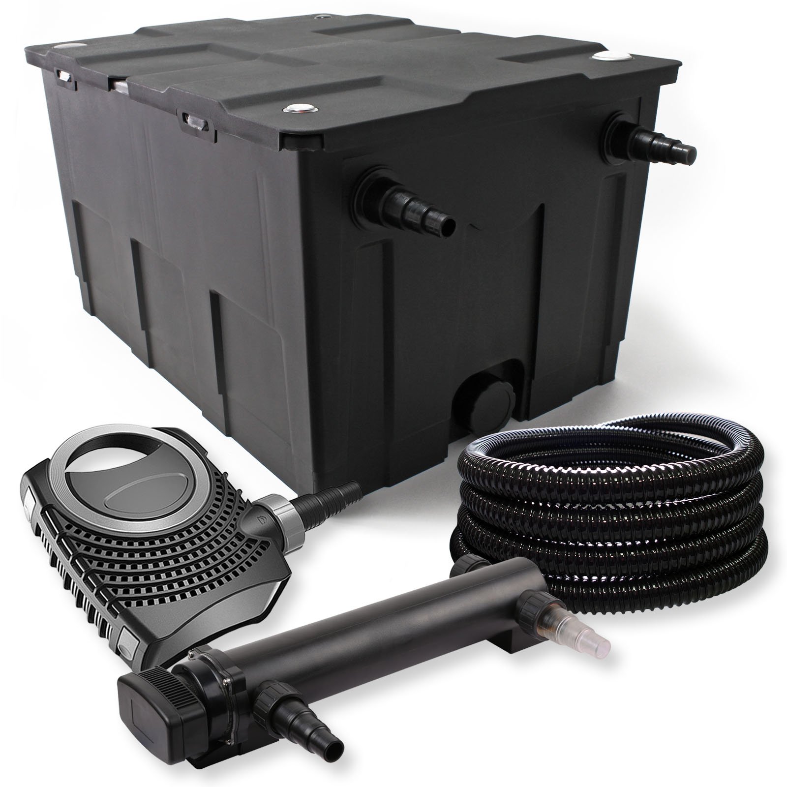 SunSun Kit complet: CBF-550 Filtre de bassin jusqu'à 60000 L Biologique, CTF-8000 SuperECO pompe de filtration 8000l/h 70W, CUV-318 lampe uv UVC Clarificateur avec 18W, 25m Tuyau 25 mm