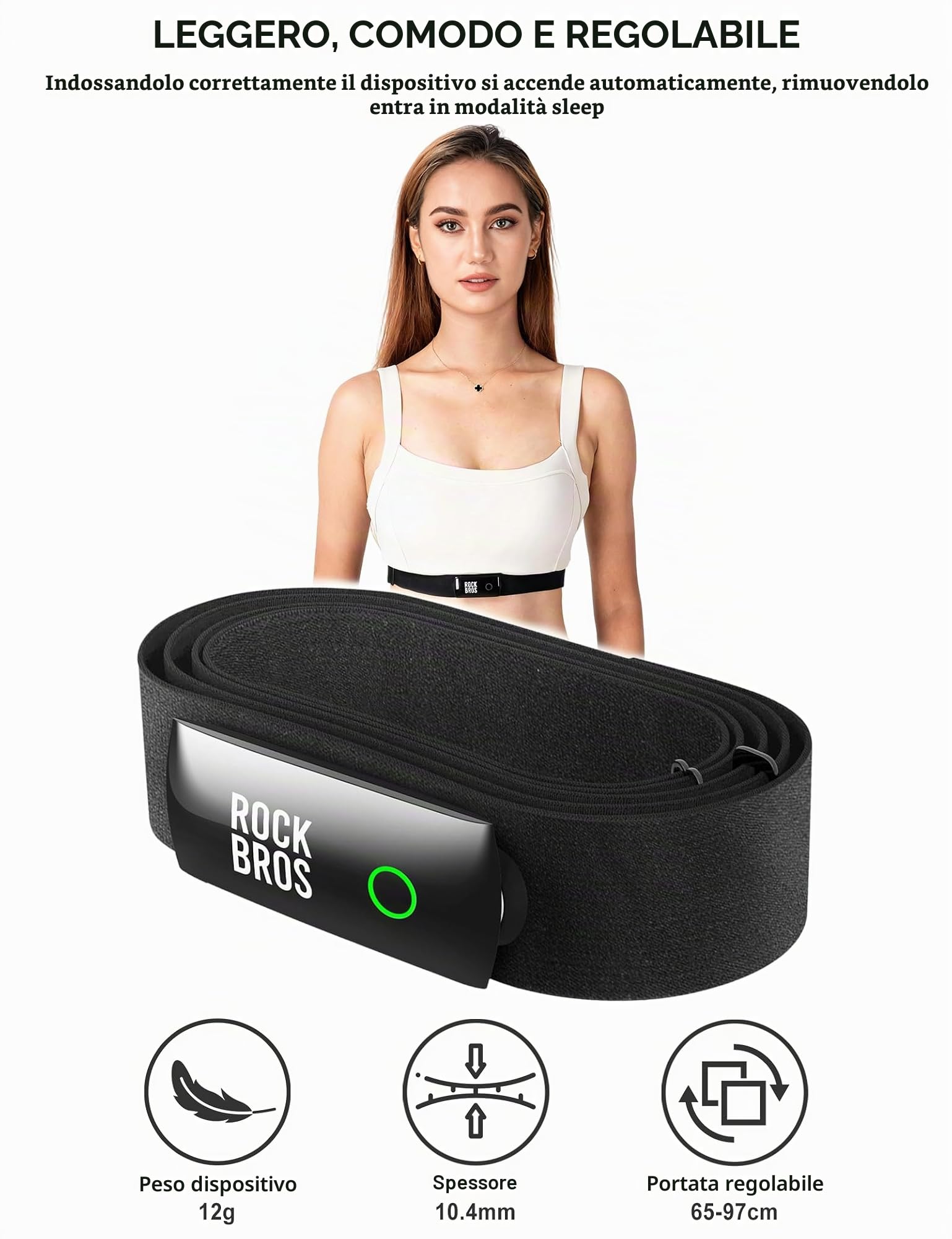 ROCKBROS Fascia Cardio Toracica Bluetooth e ANT+, Cardiofrequenzimetro Sensore Di Frequenza Cardiaca con Display LED, Impermeabile IP67, Ricarica Magnetica, Compatibile con Strava Zwift Wahoo Garmin