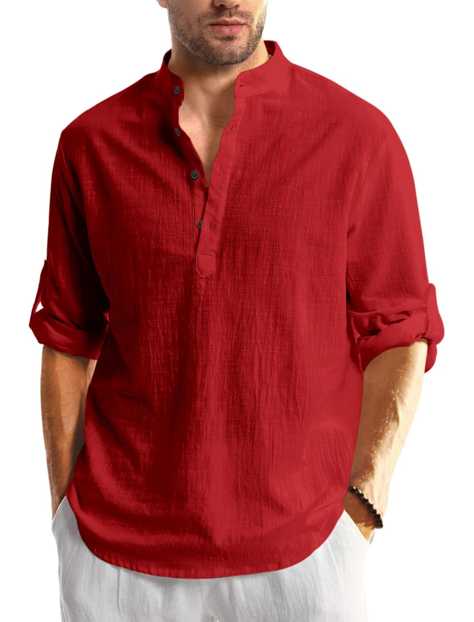 Men's Cotton Blend Straight Kurta Shirt with Mandarin Collar - Slim Fit Casual Short Kurti Featuring Textured Slub Fabric and Roll-Up Full Sleeves-picture-28