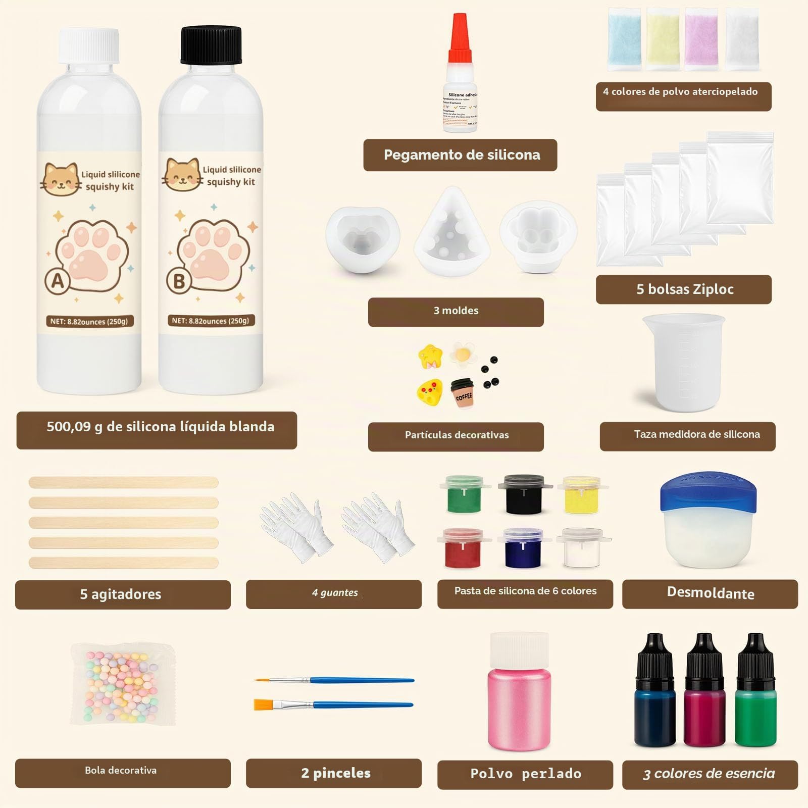 LAMXIN Fabrica Squishy, 18 oz, Kit Para Armar Squishys, Mezcla De Resina Epoxi De Silicona LíQuida Con ProporcióN Ab 1:1 Con 3 Moldes (UñA De Gato, HáMster, Queso)