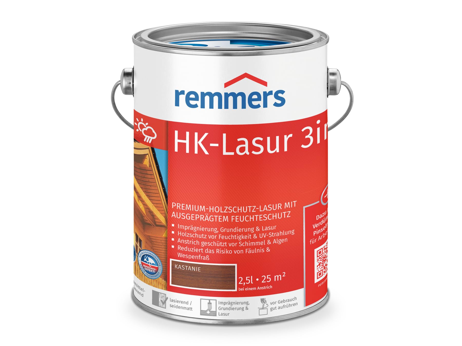 Remmers HK-Lasur 3in1 kastanie, 2,5 Liter, Holzlasur aussen, 3facher Holzschutz mit Imprägnierung + Grundierung + Lasur, Feuchtigkeit- und UV-Schutz