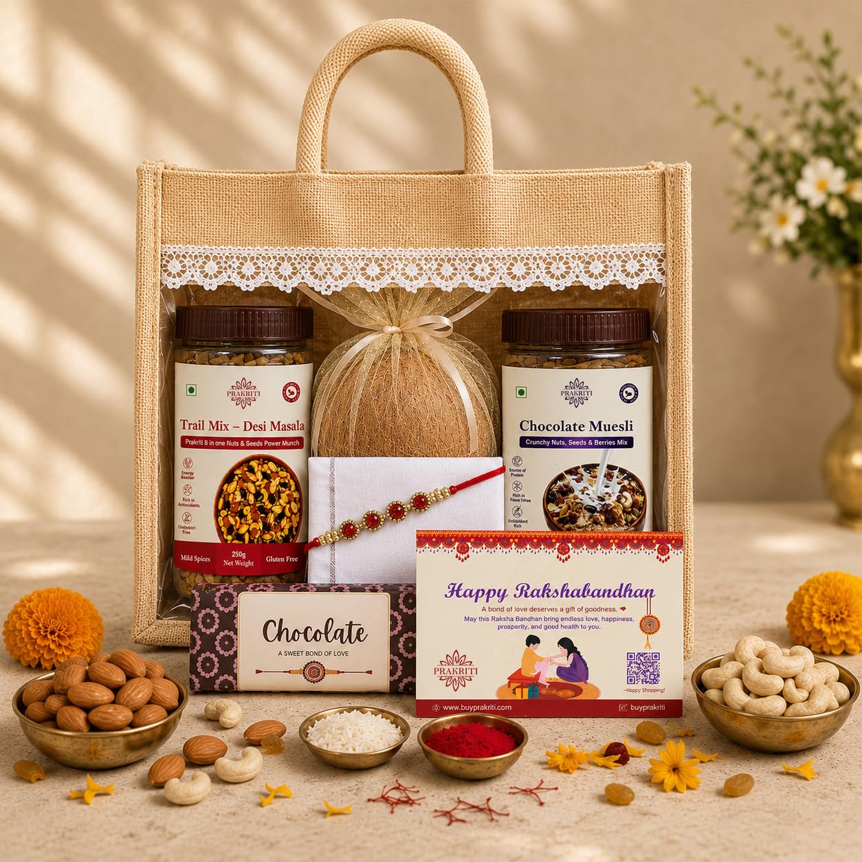 Prakriti Raksha Bandhan Jute Gift Bag 1KG | Trail Mix Masala, Chocolate Muesli, Coconut, Chocolate, Handkerchief with Rakhi, Greeting Card & Roli Chawal | Traditional Healthy Gift Hamper for Brother-image-9