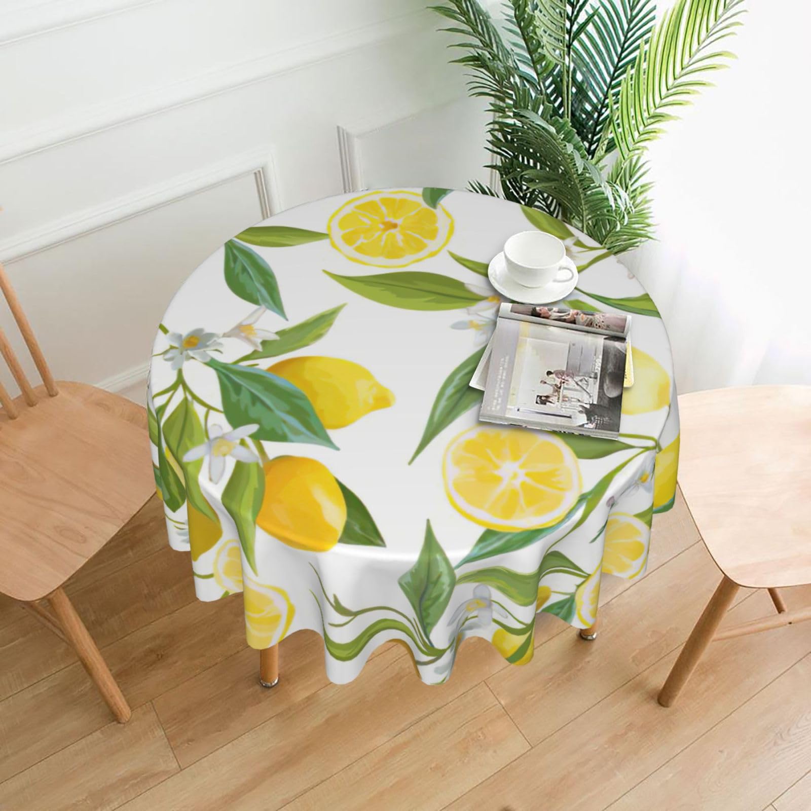 Zcmkjlg Fresh Tropical Lemons Print Quick Ship Round Tablecloth 60in Polyester Washable Cover for Dining Room