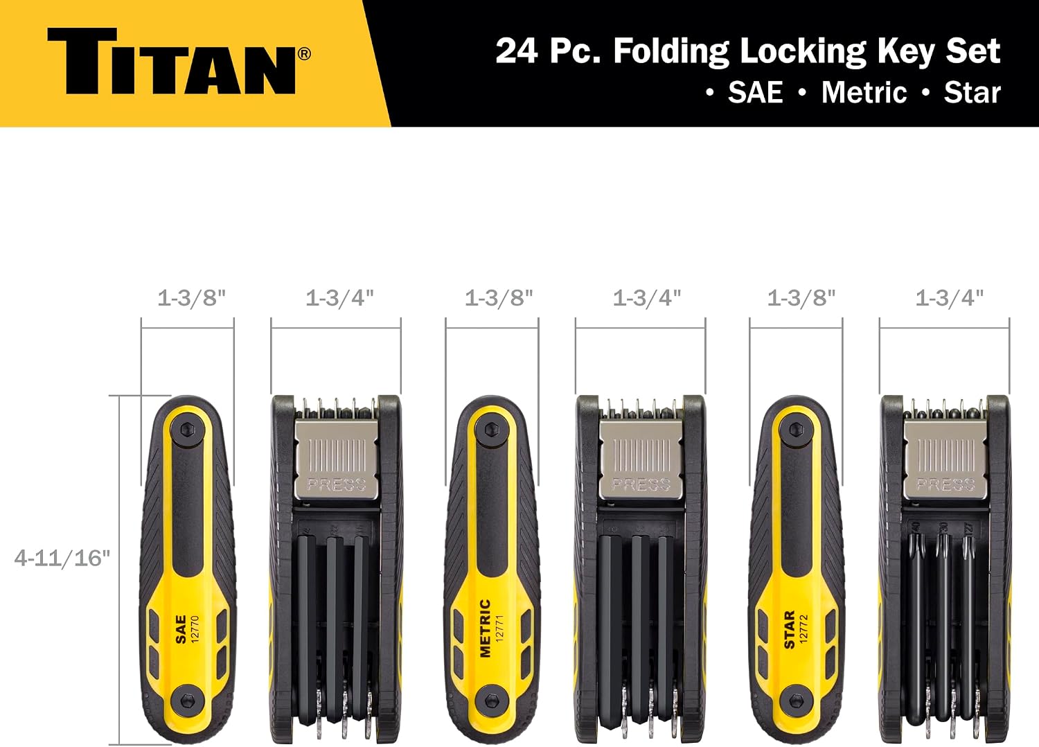 Titan 12773 24-Piece Folding Allen Wrench Set, Metric, SAE & Star, Locking Hex Key Sets Lock at 90°, 135° & 180° via Two Push Buttons, Sizes T9 to T40, 1.5mm to 8mm, & 3/32" to 1/4"