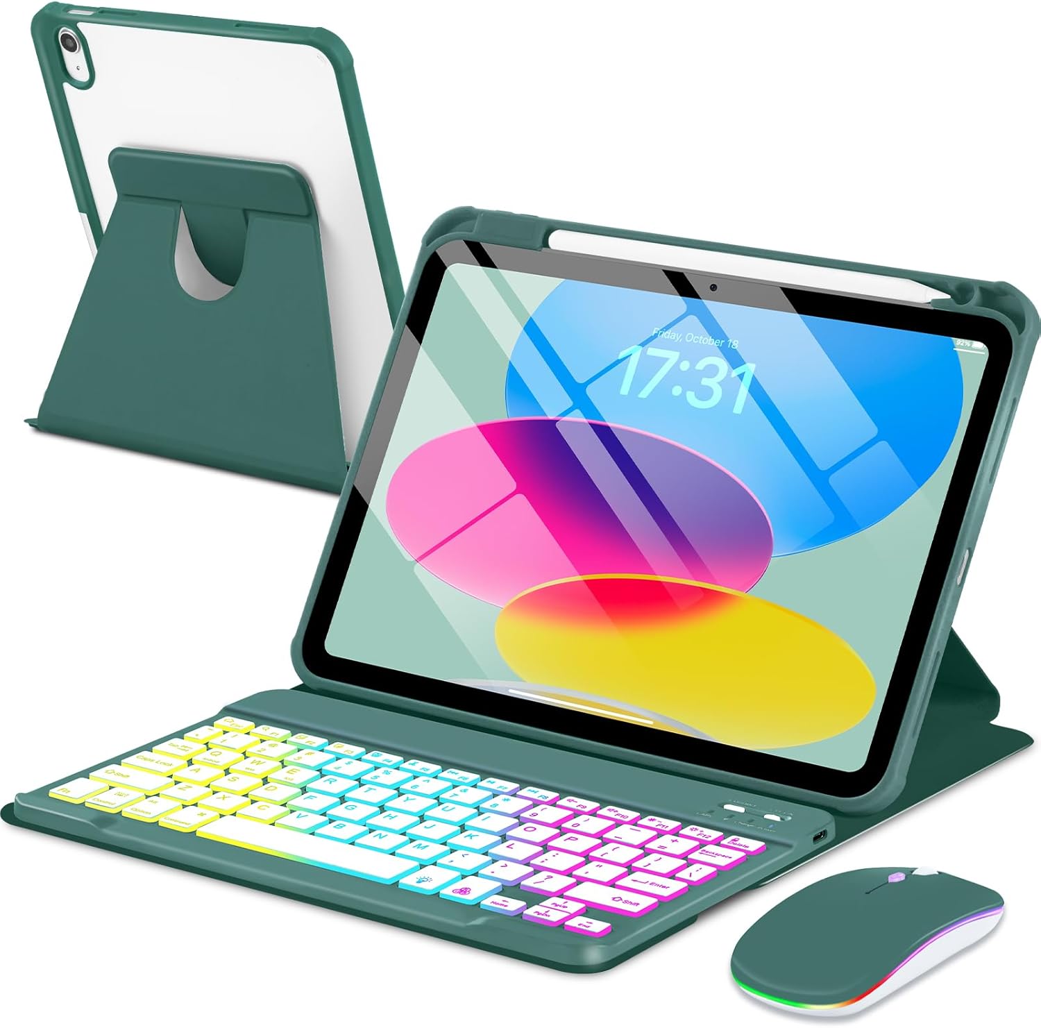 Case with Keyboard Mouse for iPad A16 11th 10th Generation 11/10.9 inch,Rainbow Backlit Detachable Keypad Rotatable Magnetic Cover with Pencil Holder for iPad 11 2025 10 Gen 2022 Dark Green