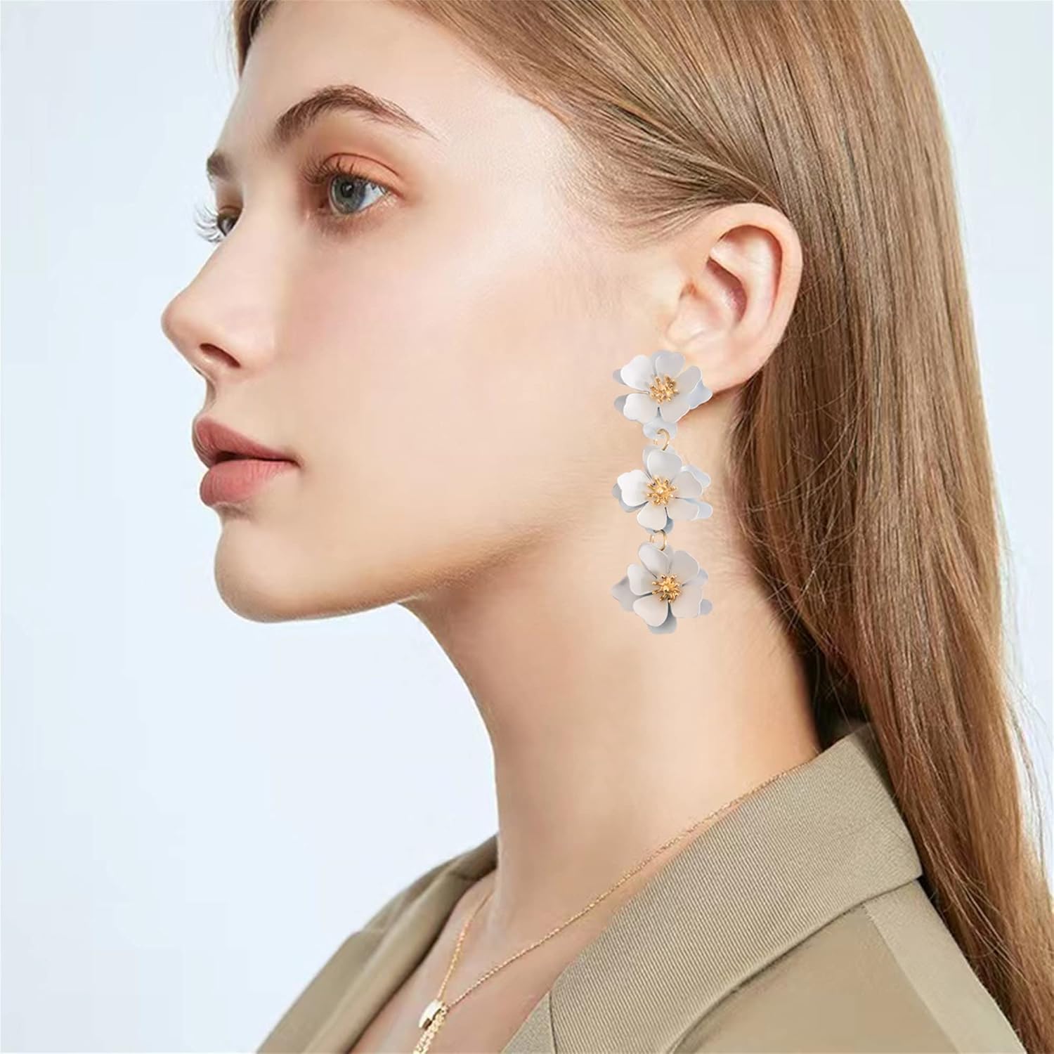 Unique Chic Long Matte Flower Dangle Earrings Cute Bohemian Tiered Triple Floral Drop Stud Earrings Ear Drop for Women Statement Jewelry Gifts Parties Prom - Image 5