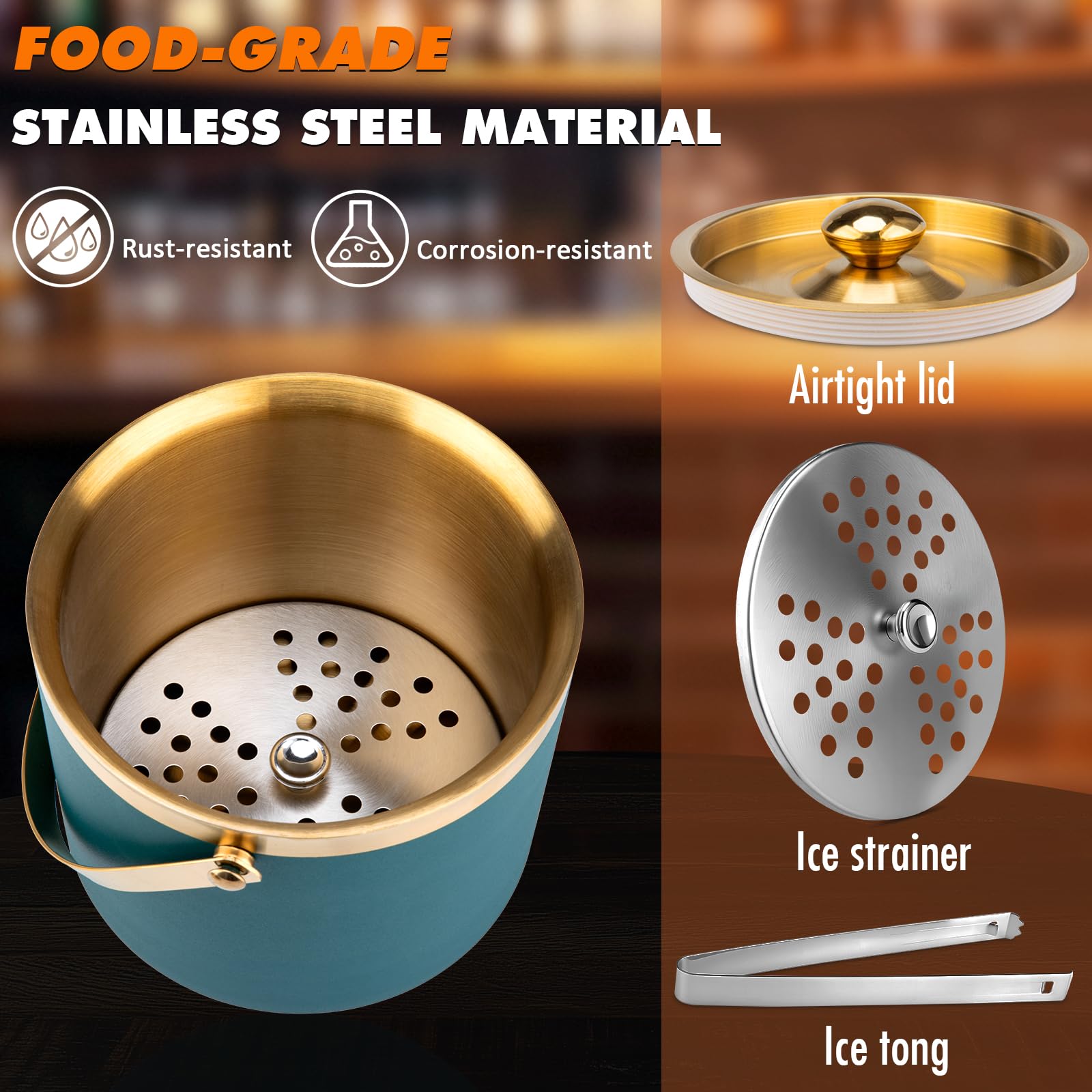 Cubitera de hielo de acero inoxidable de 3 litros, cubos de hielo para fiestas con tapa, cubo de hielo para bar de cócteles