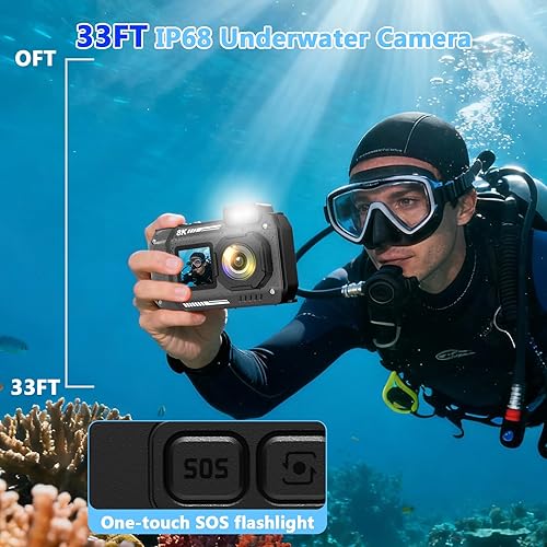 Miniatura 3 de Cámara Digital Impermeable 8K para Esnórquel 70MP 33FT Cámara Subacuática Compacta Resistente HD de Doble Pantalla con Zoom de 18X Selfie, Tarjeta