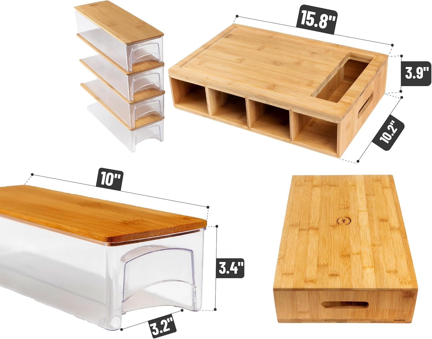 BAMBOO LAND- Large Bamboo Cutting Board with Containers, Food Prep Station, Cutting Board with Storage