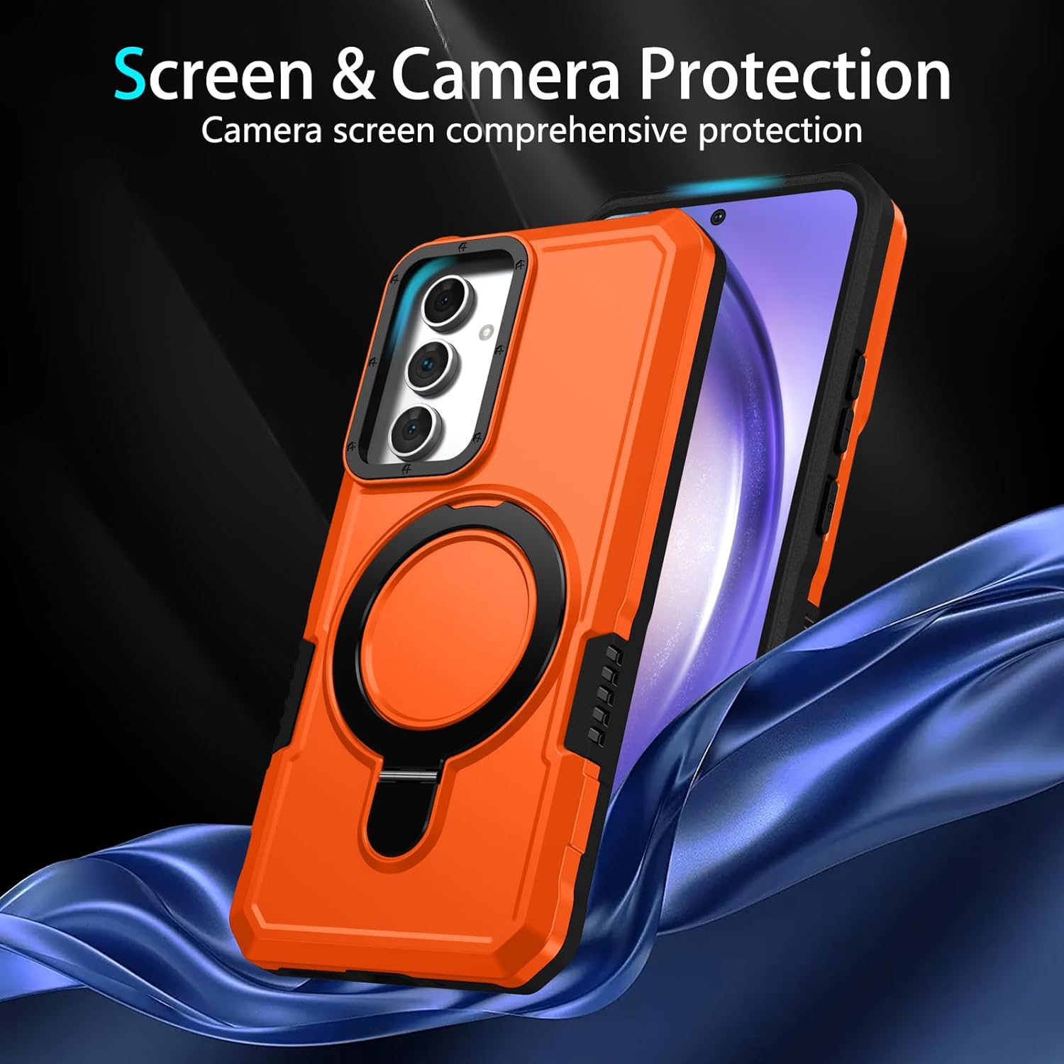 Stand Phone Case for Samsung Galaxy A54 5G Hard PC+Soft TPU+Fulcrum Bracket Phone Case Shockproof Anti-Drop Protective Cover A54 5G Military Cases Bult-in Hidden Bracket Orange