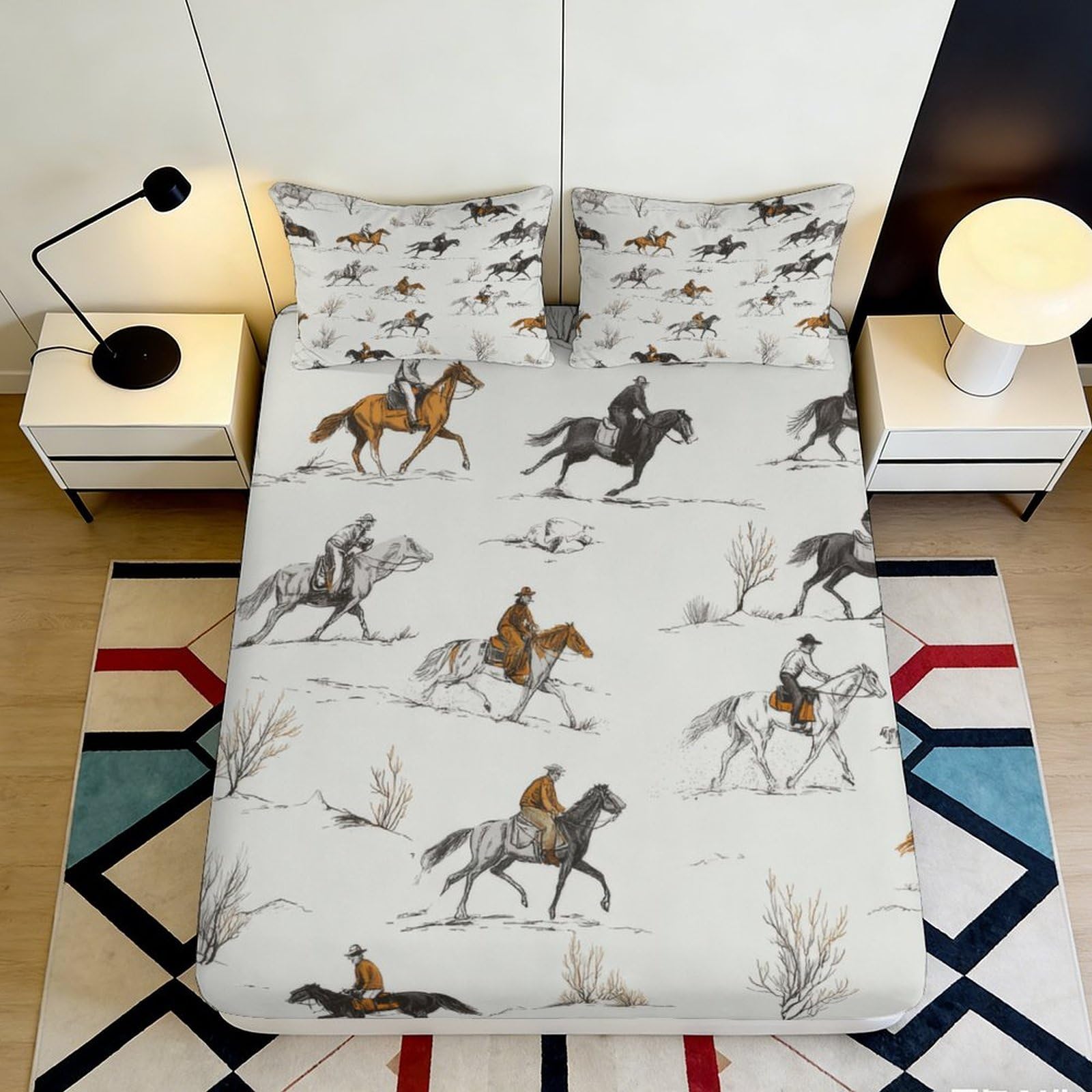 3D Printed Running Horses Fitted Sheet Microfiber Deep Pocket Bedroom Bedding Non-Slip Wild Horses Mattress Fitted Cover Washable 160x200x25cm