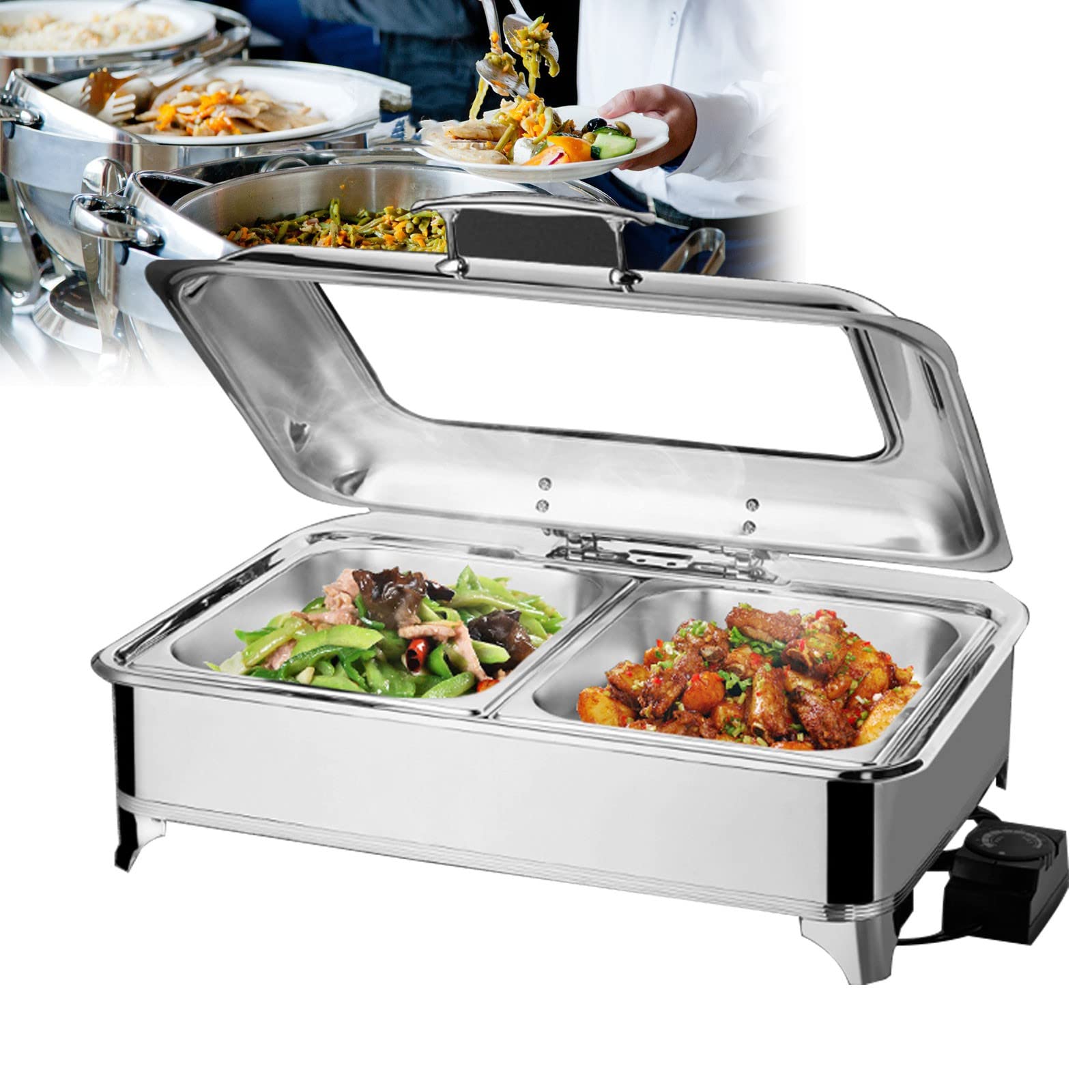 Scaldavivande Elettrico per Buffet 400w/220v Chafing Dish Acciaio Inox Scalda Buffet para Mantenere Il Cibo Fresco e Delizioso, Rimovibile E Facile da Pulire - 9L(Size:2 grid)