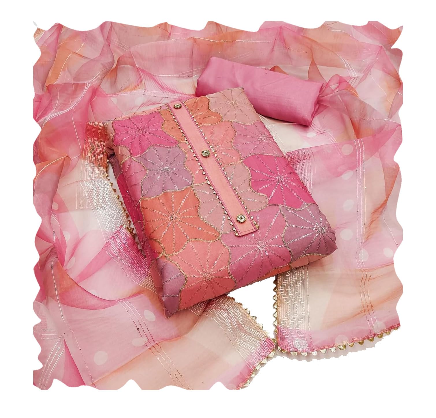 Womens Organza Silk With Position Print dress material With Crosset Work Digital Print Dupatta