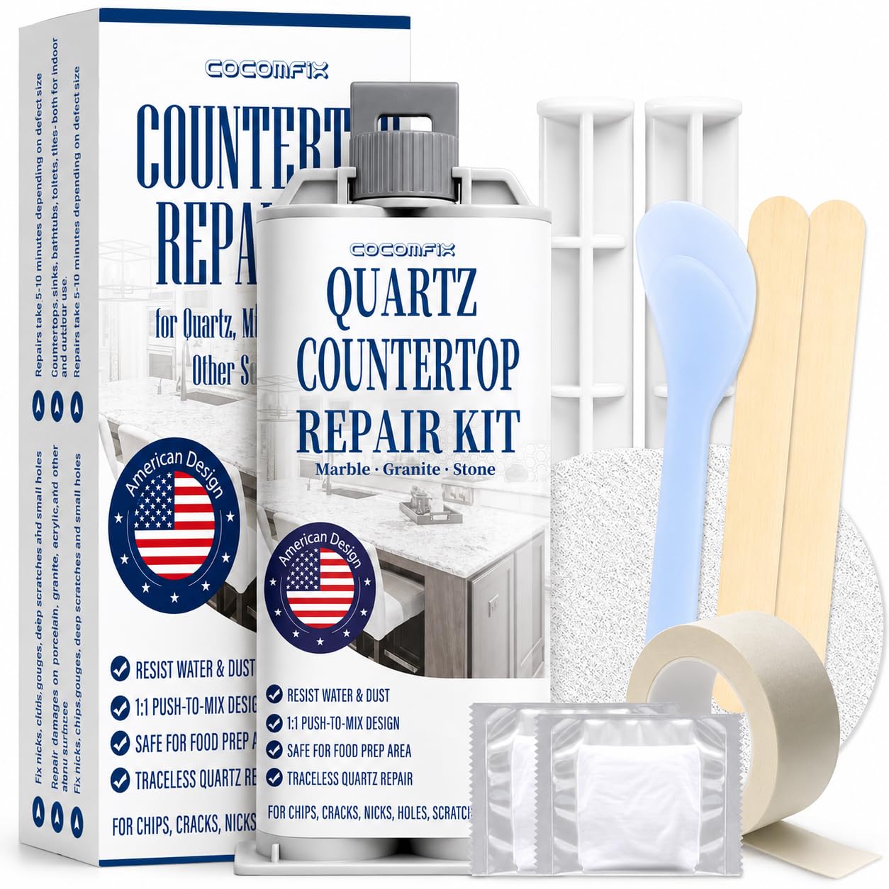 cocomfix Kit de reparación de cuarzo para encimera (blanco), kit de reparación de virutas de cuarzo de secado rápido para astillas, grietas, arañazos y agujeros en cuarzo, mármol, granito, porcelana y