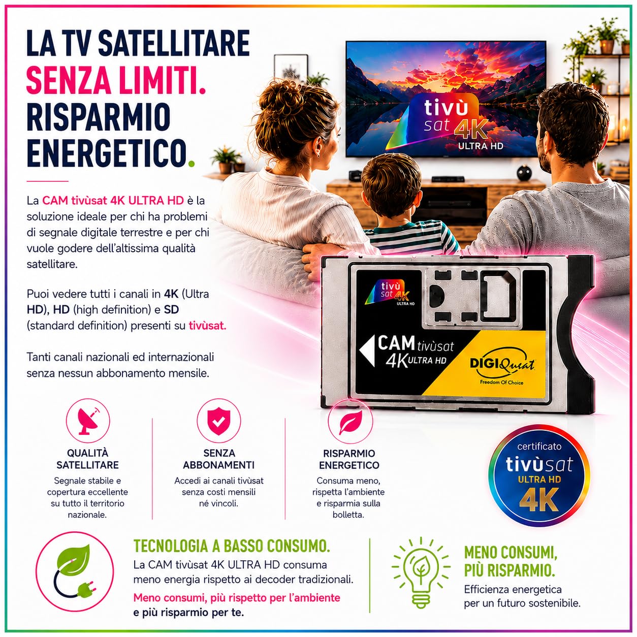 DIGIQUEST CAM tivùsat 4K Ultra HD certificata |Accesso ai canali HD e 4K | Facile installazione | Ideale per amanti di cinema e sport