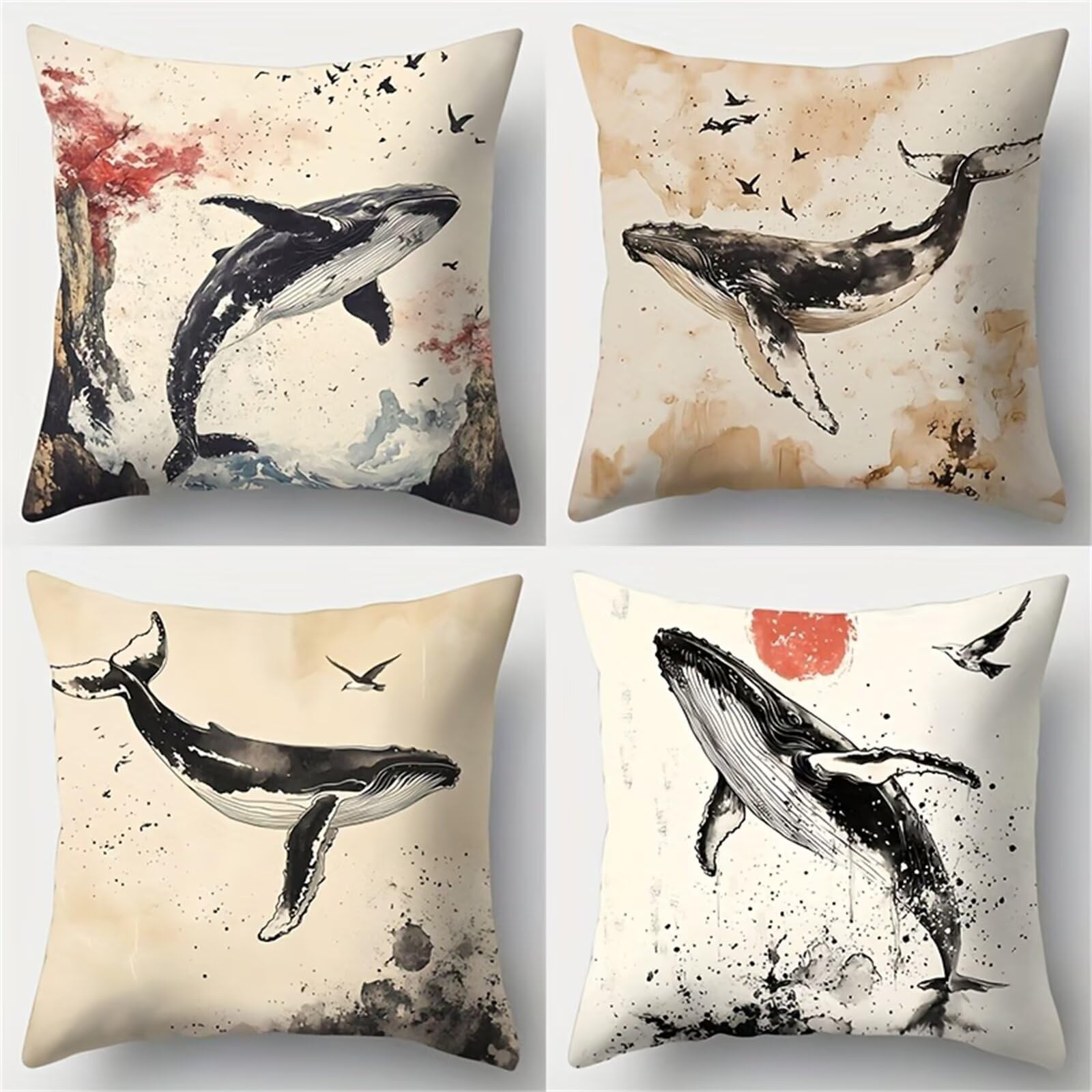 Heaen Outdoor Cushions Covers Waterproof 35x35 cm Set of 4 Square Linen Pillow Cases Ink Painting Whale Decorative Dushions for Sofa Porch Patio Home Decor