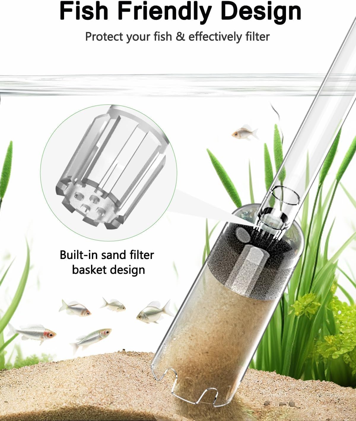 AQQA Aspirador para acuarios, 4 en 1, potente aspiración, limpiador de acuarios, aspirador de lodo ajustable para cambio de agua, lavado de arena, filtración de agua y recirculación