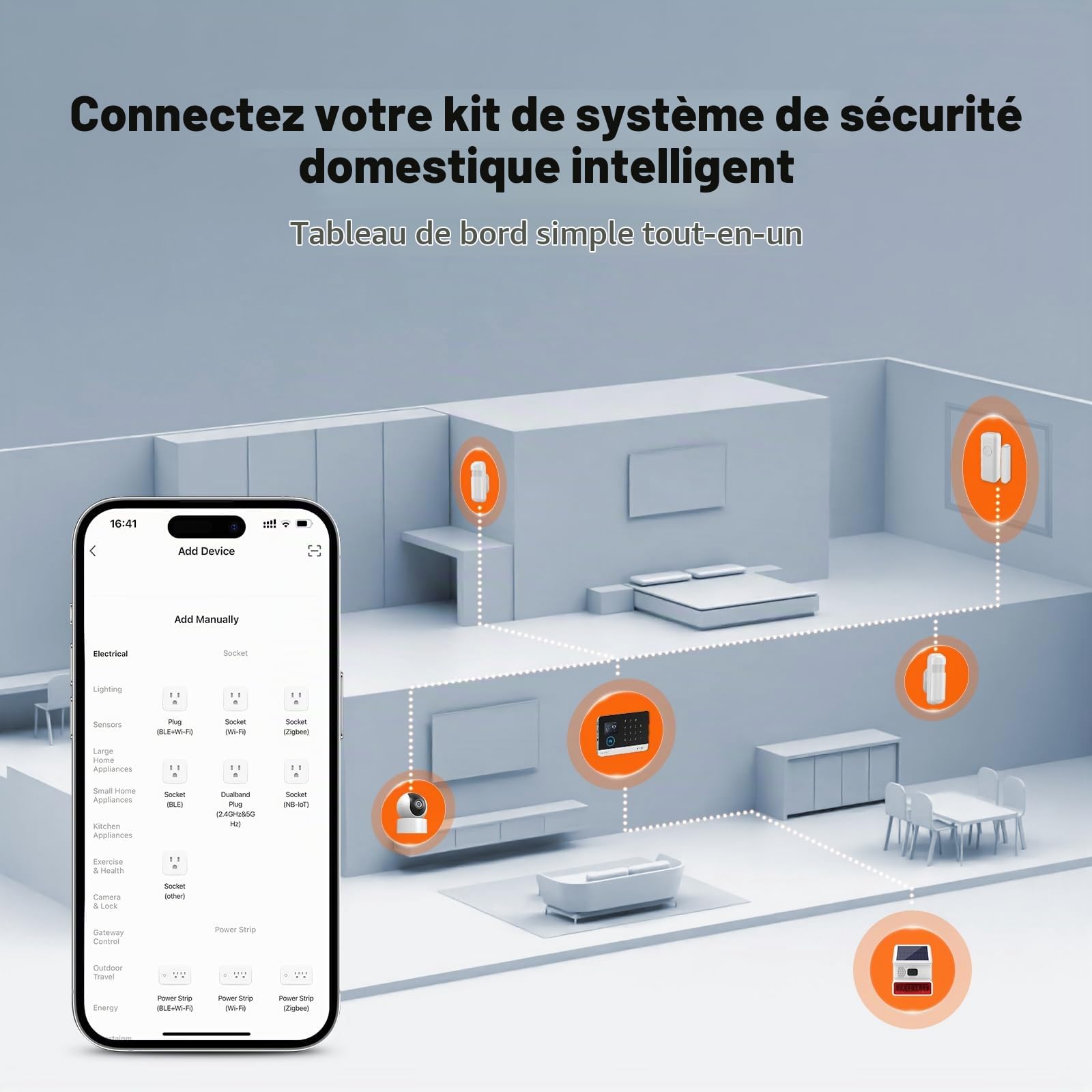LWOHSI Système d'alarme de sécurité Domestique sans Fil avec détecteur de Mouvement, Notifications d'application, capteur de Porte/fenêtre, sirène, Compatible Alexa, Pas de Frais mensuels