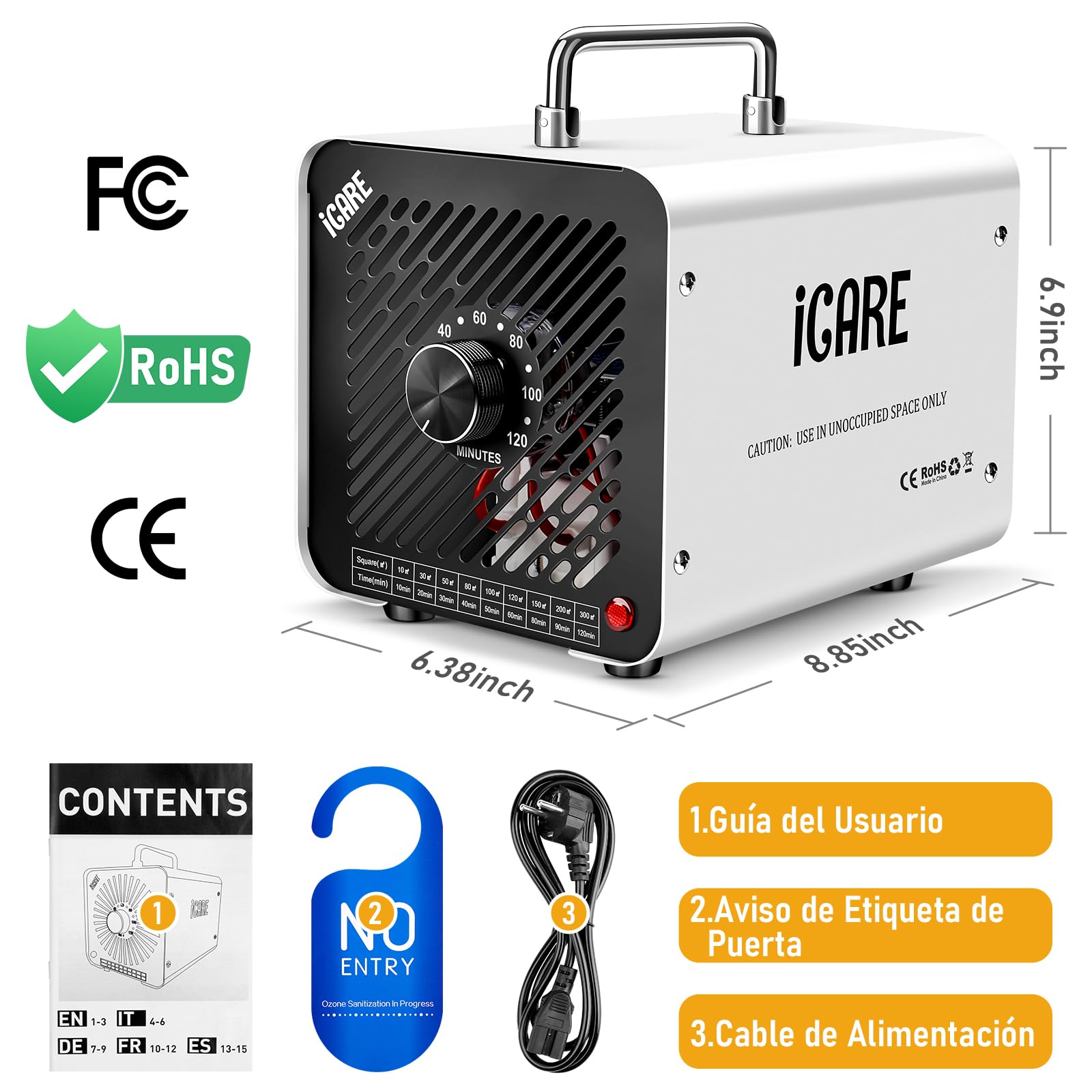 Generador de Ozono Hogar 30000mg/h, Profesional Máquina de Ozono, Generador Ozono Purificador de Aire con Temporizador, Dispositivo de ozono O3 Portátil para Garajes, Hogar, Coche Blanco