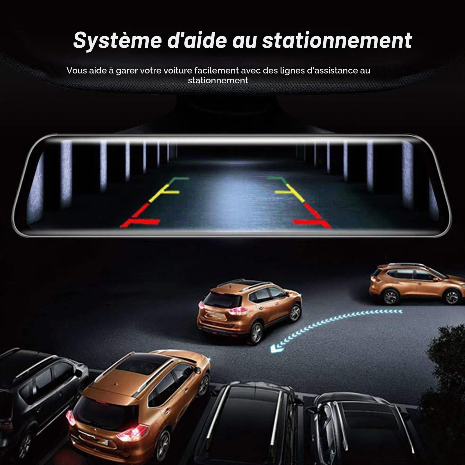 Caméra de Rétroviseur 10 Pouces, Caméra Avant et Arrière à Vision Nocturne avec écran incurvé 2,5D, Image Inversée, Enregistreur Vidéo de Conduite, Caméra de Tableau de Bord