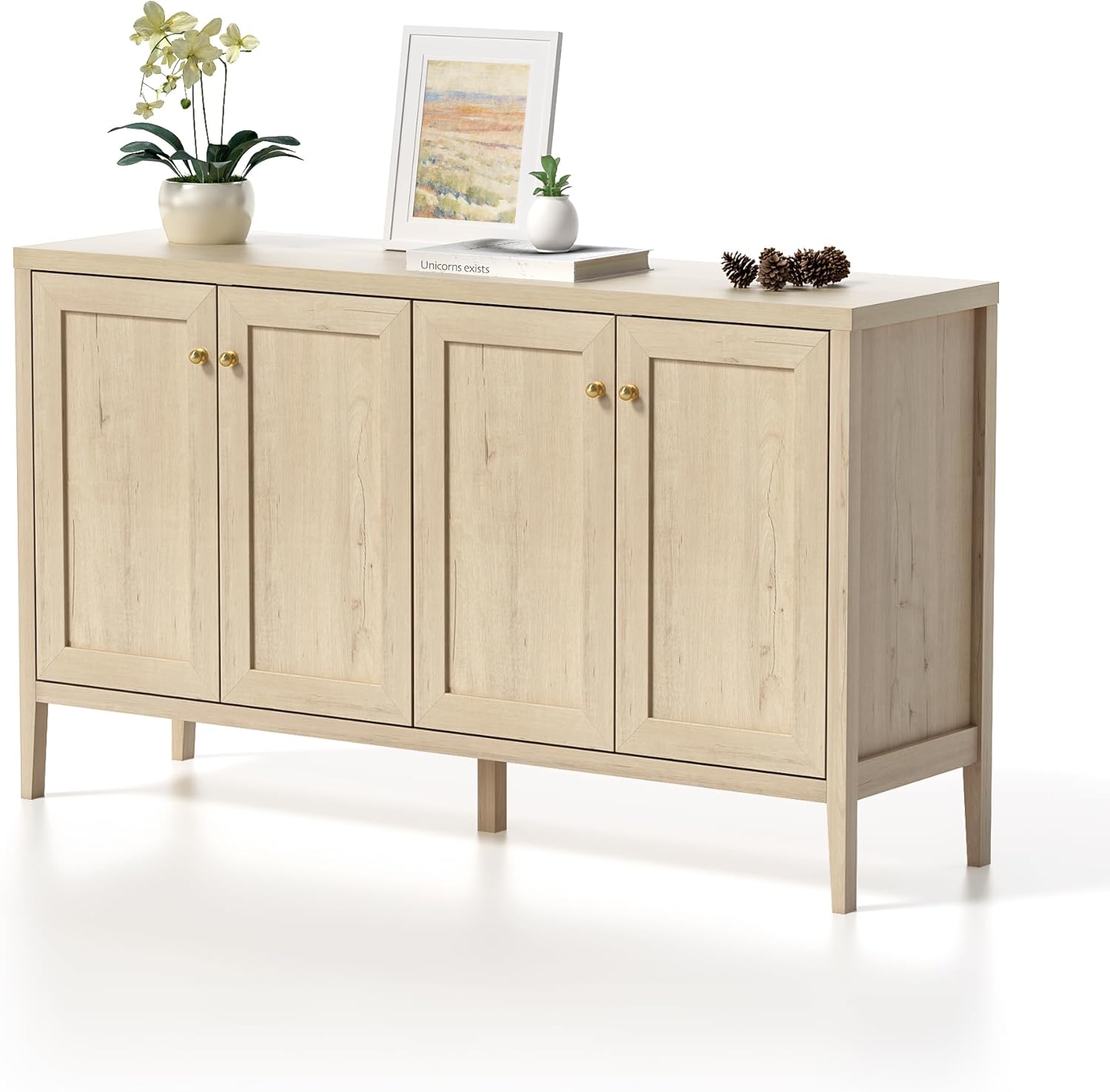 Farmhouse Sideboard Buffet Cabinet with 4 Doors, Storage Cabinets with Adjustable Shelves Accent TV Stand Cabinet Console Table Credenza for Living Room Kitchen, Light Oak