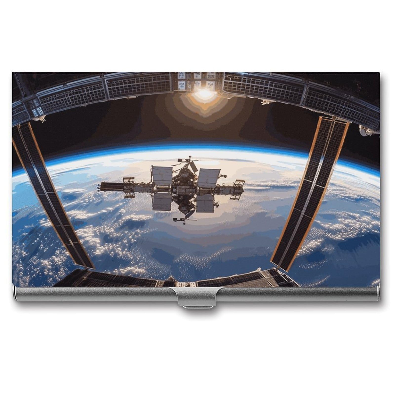 JTREHY International Space Station Picture Business Card Holder Slim Purse Name Card Holder Portable Metal Business Card Case Wallet Large Capacity Lightweight Business Card Case for Men Women