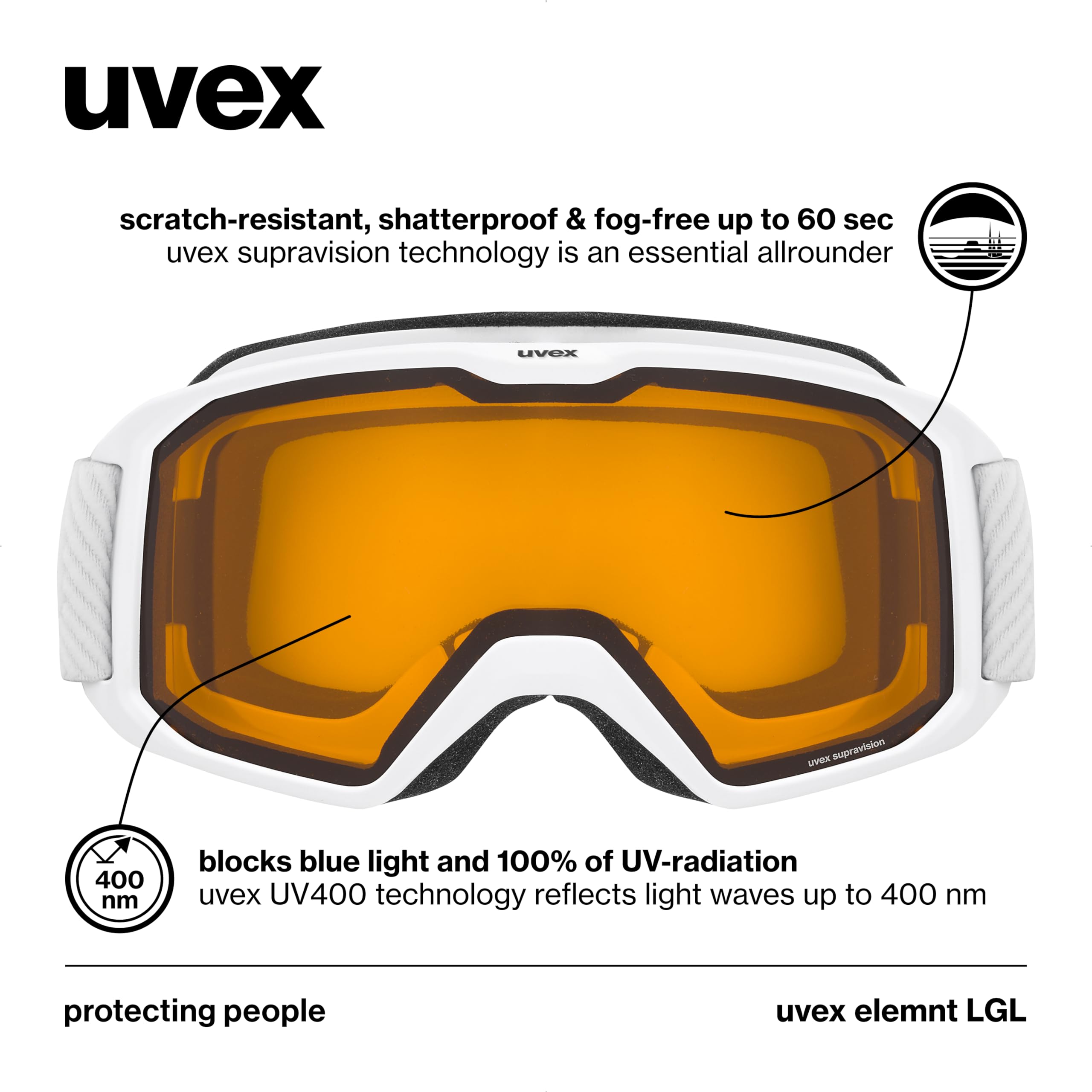 uvex elemnt LGL - gogle narciarskie unisex - wzmacniające kontrast - powiększony zakres widzenia bez efektu zaparowania - white/lasergold lite-clear - one size