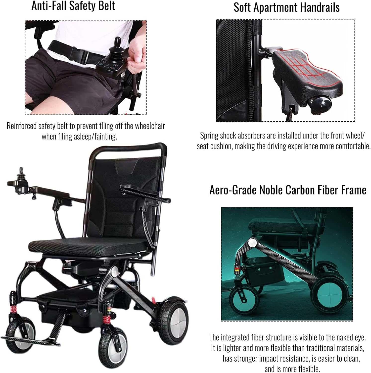 Generic Silla de ruedas eléctrica plegable y ligera de fibra de carbono, negra, portátil, cómoda y estable