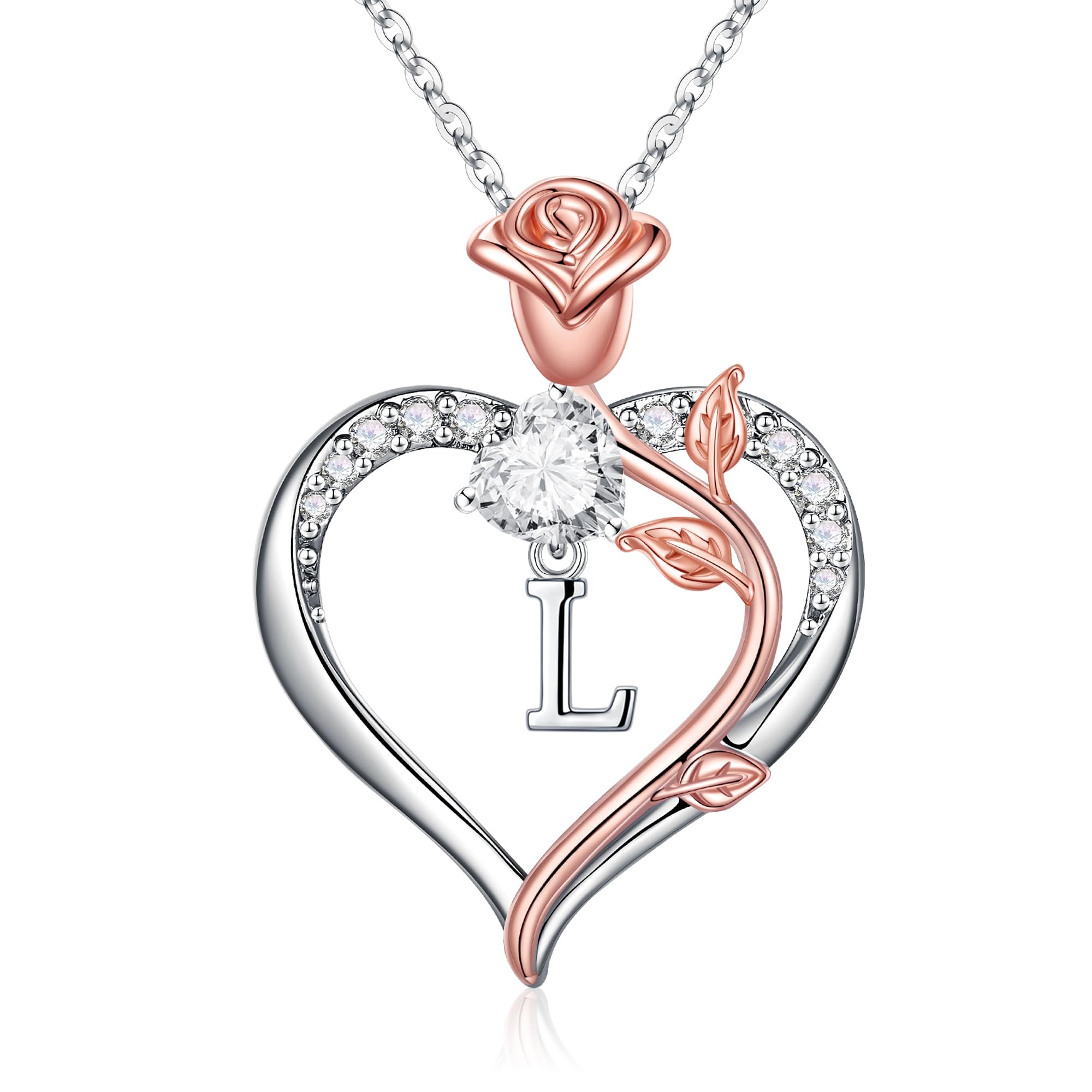 TINGN Muttertagsgeschenke für Mama - Kette Rosen Herz Halskette Damen, 14K Weißgold Vergoldet CZ Herz Buchstaben Kette Geburtstagsgeschenk für Frauen Freundin Muttertagsgeschenke für Mama Om