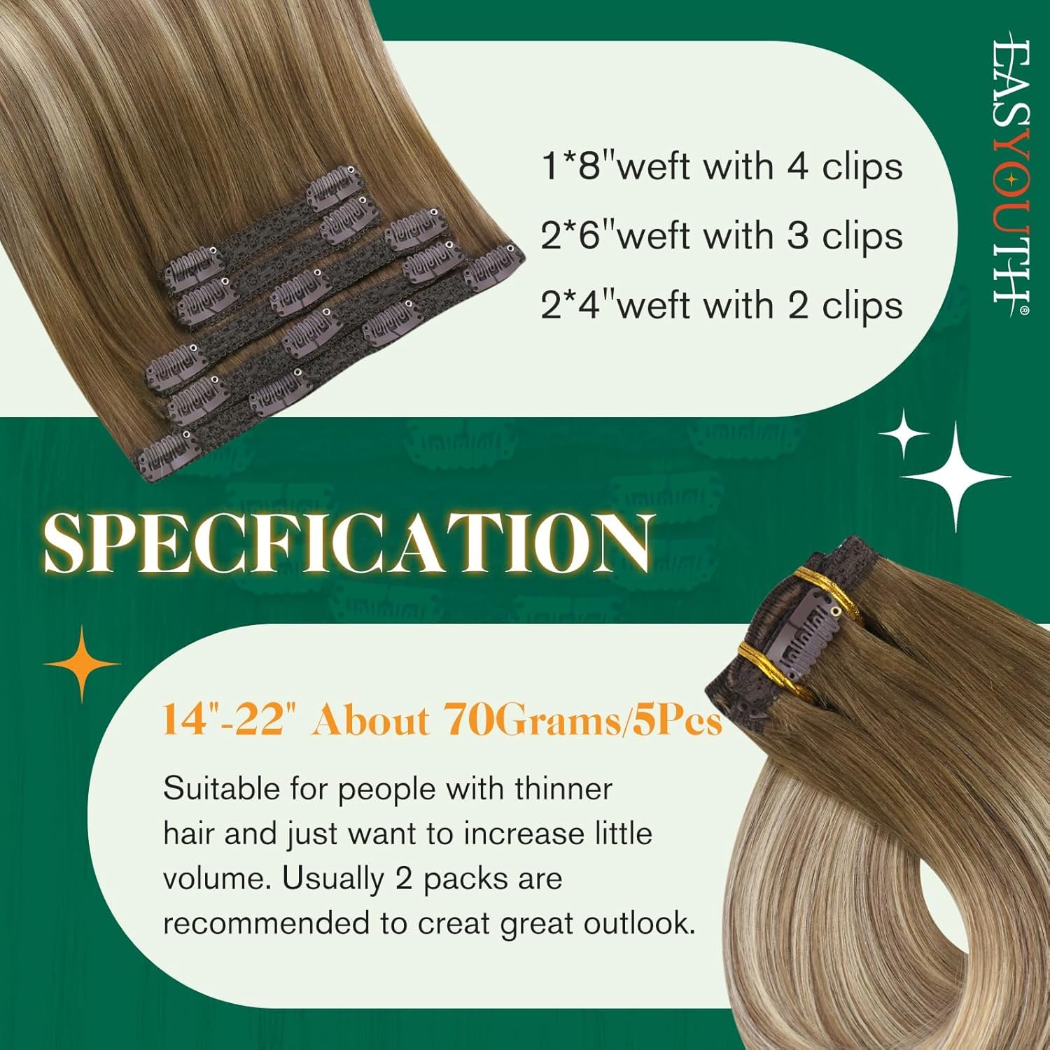 Easyouth Clip in Hair Extensions Real Human Hair Balayage Brown Clip in Human Hair Extensions Brown to Blonde Ombre Real Hair Clips in Extension Soft Thick 14Inch 70g 5Pcs #3/8/22 - Image 3