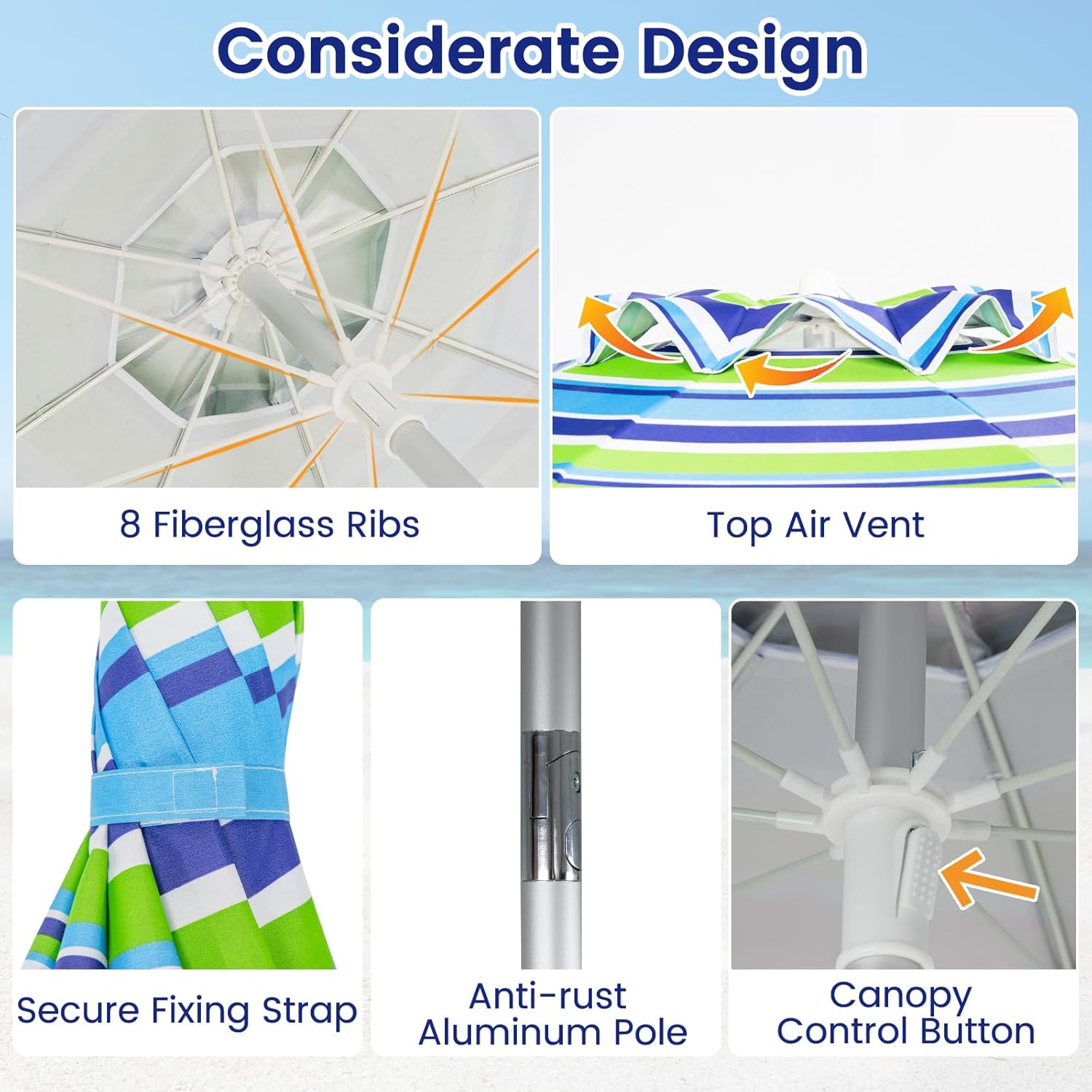 6.5 ft Beach Umbrella, Portable Umbrella Outdoor with Sand Anchor, Sun Protection, Push Button Tilt & Carry Bag, Sunshade Parasol for Beach, Patio, Garden, Poolside & Yard