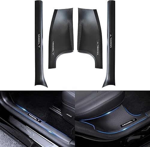 CNTSLNB Protector de umbral de puerta para accesorios Tesla modelo Y, protector de placa de umbral de puerta con patrón de fibra de carbono, apto