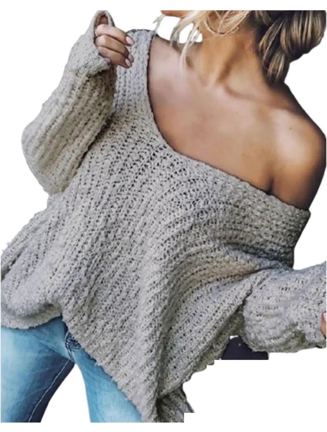 Womens Off-The-Shoulder Sweater Loose Lightweight Pullover Top Oversized Batwing V-Neck Hollow Knitted