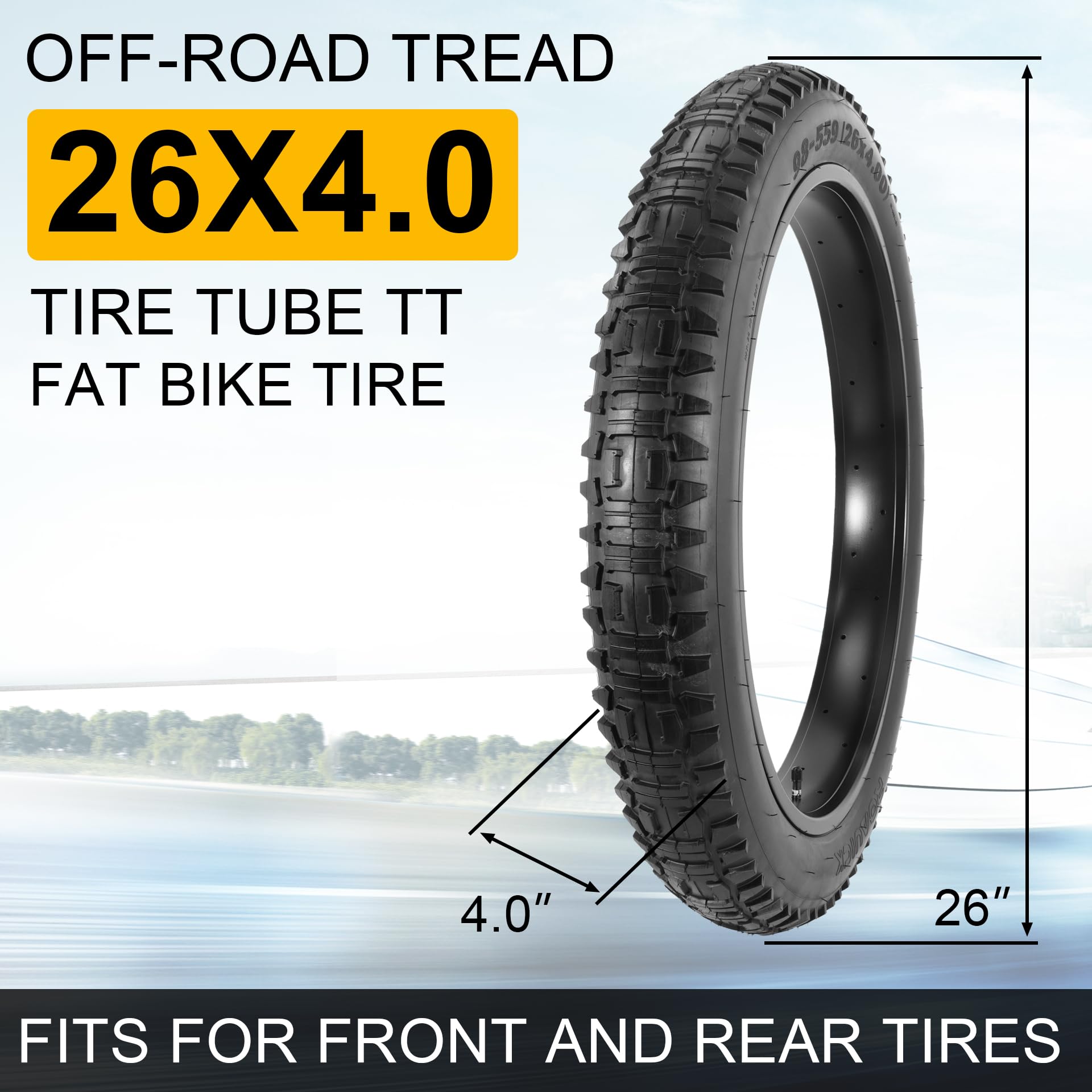 Pneu et Chambre à air Fat 26x4.0 pour vélo électrique - Lot de 1 - Noir | Pneu de vélo pliable haute performance résistant à l'usure 26 x 4, bande de roulement tout-terrain, diverses pièces pratiques