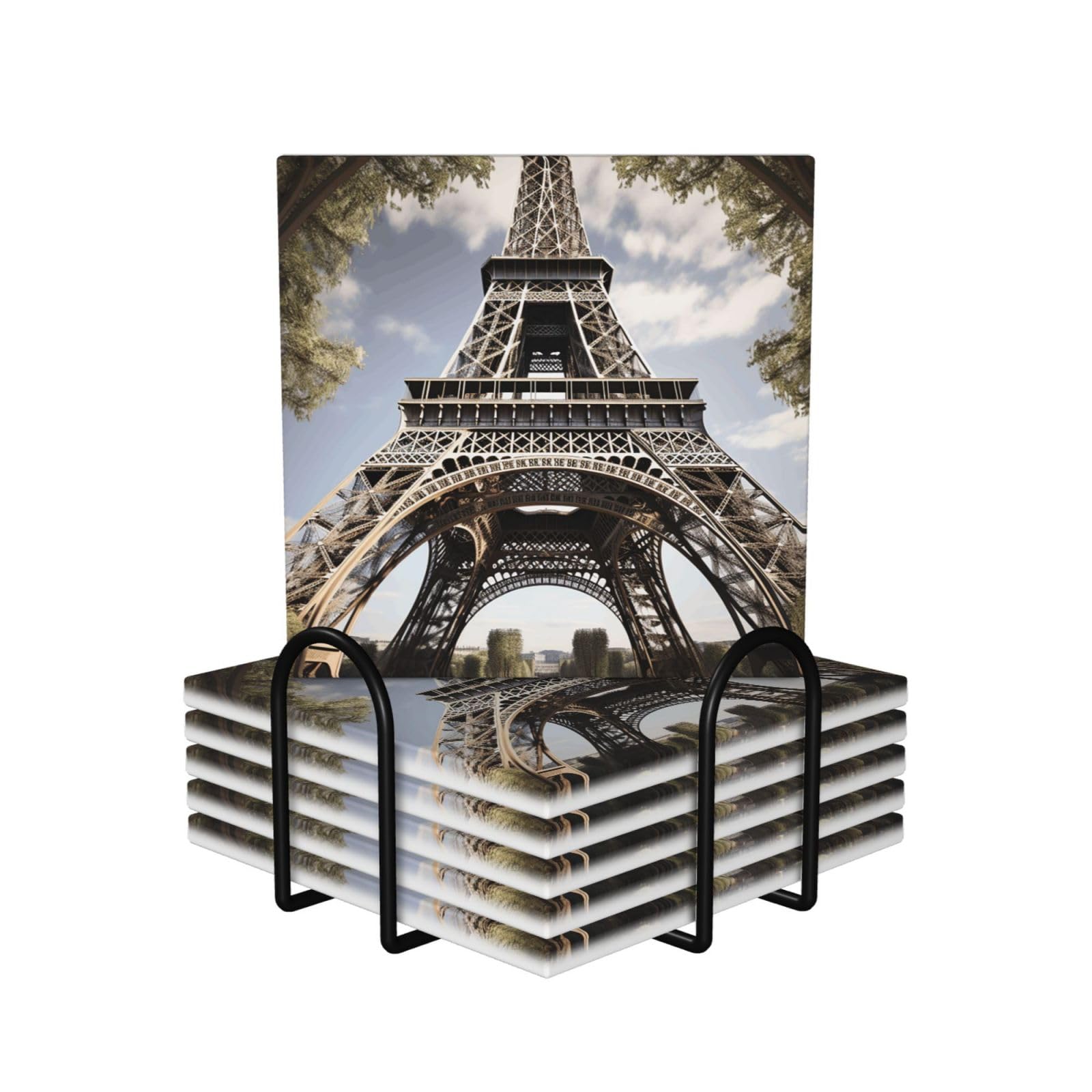 6Pcs Ceramics Coaster for Drinks, Eiffel Tower French Paris Monument Cup Coasters with Holder, Aesthetic Drink Coasters for Coffee Table, Absorbent Round Coaster for Tabletop Protection 4" Cup Mat Pad