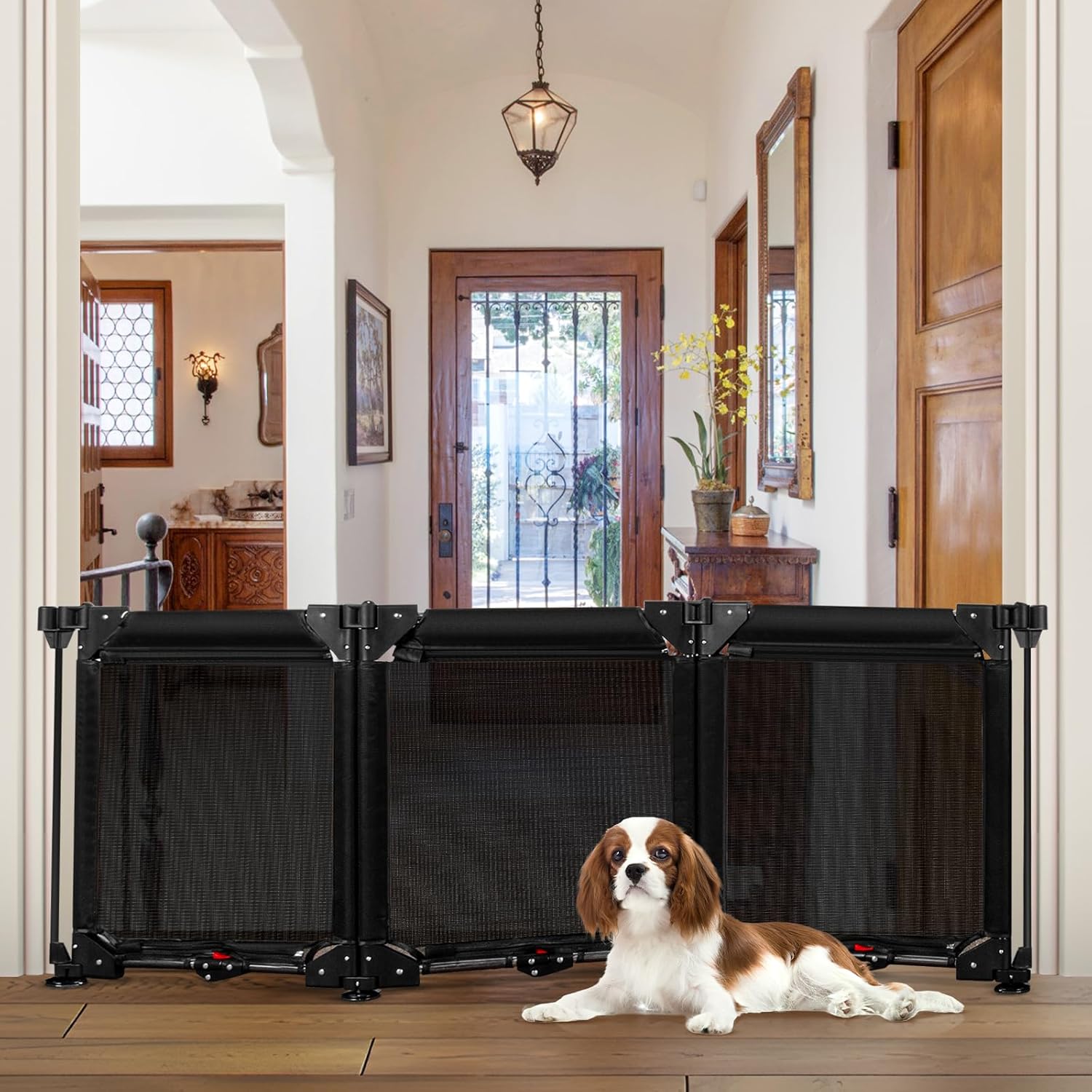 24 Inch Tall Free Standing Dog Gate with Suction Cups, 3 Fence Panels Foldable Pet Gate for Dogs - Easy Step Over, 60" Wide Freestanding Pet Gate Mesh Puppy Gates for The House, No Drill, Black Black (24" Tall x 60" Wide)