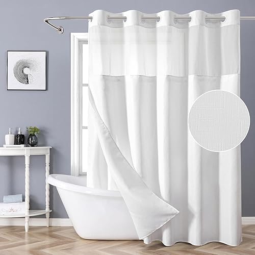 Cortina de ducha blanca sin gancho con forro de tela a presión, cortinas de ducha de tela texturizada para baño, cortina de ducha moderna estilo