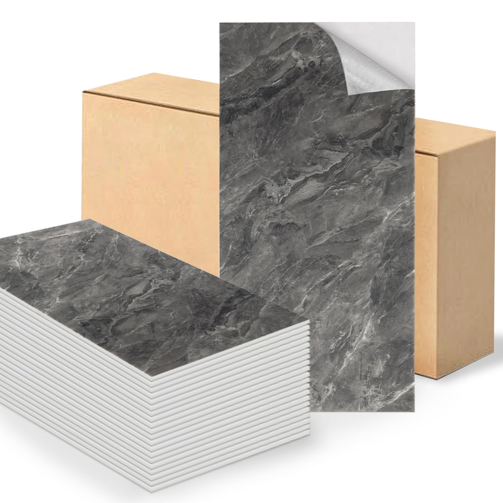 Swehooirt Black Grey Marble Tile Stickers 60x30cm 30Pcs Thicken Self Adhesive Wall Tiles,Peel and Stick Waterproof Vinyl Marble Tiles for Bathroom Kitchen Splashback Living Room Bedroom