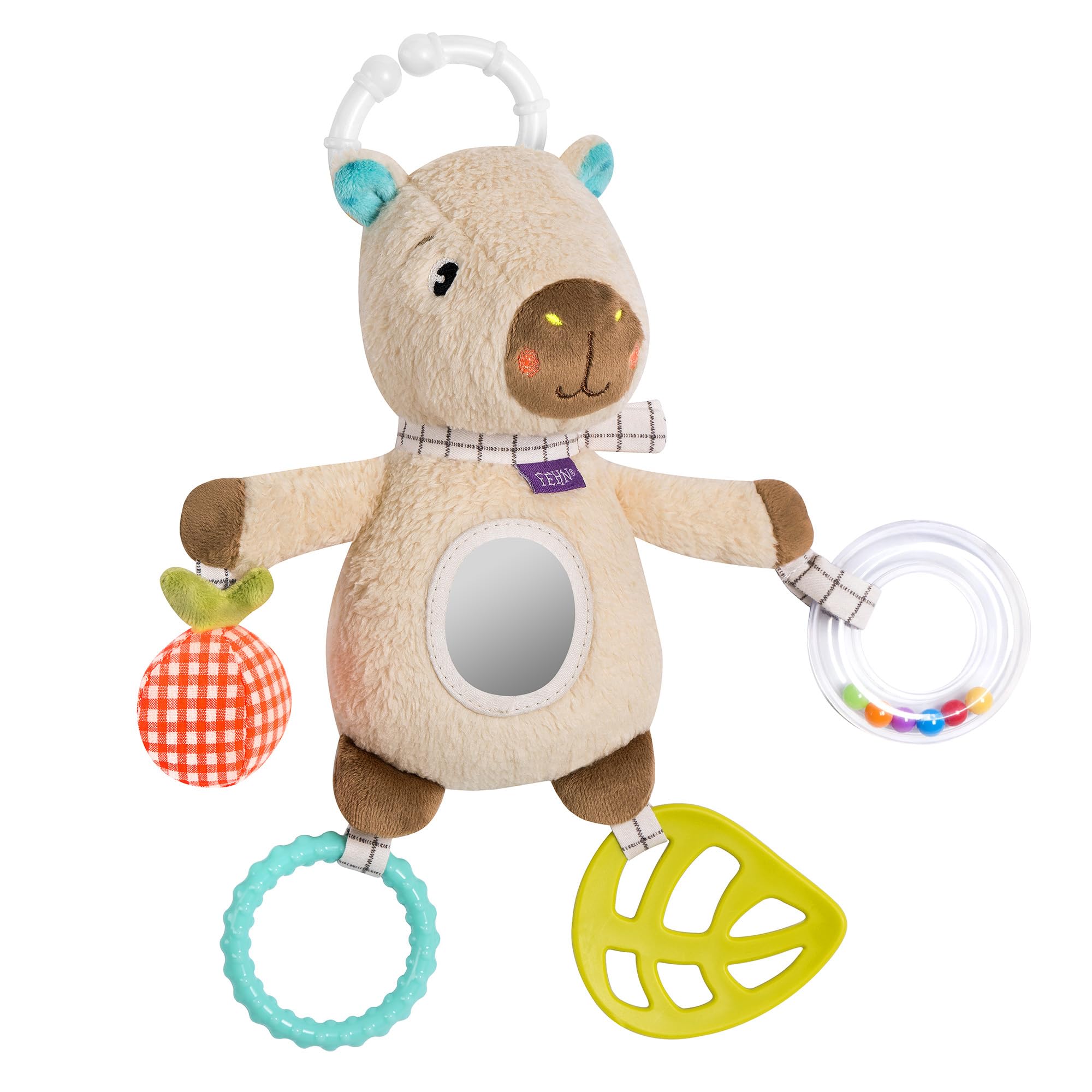 Fehn Activity-Capybara Clara - Motor Skills Toy with Gripping Elements, Teether and Rattle - Cuddly Toy for Hanging for Prams, Cot and Baby Seat - for Babies and Toddlers from 0+ Months