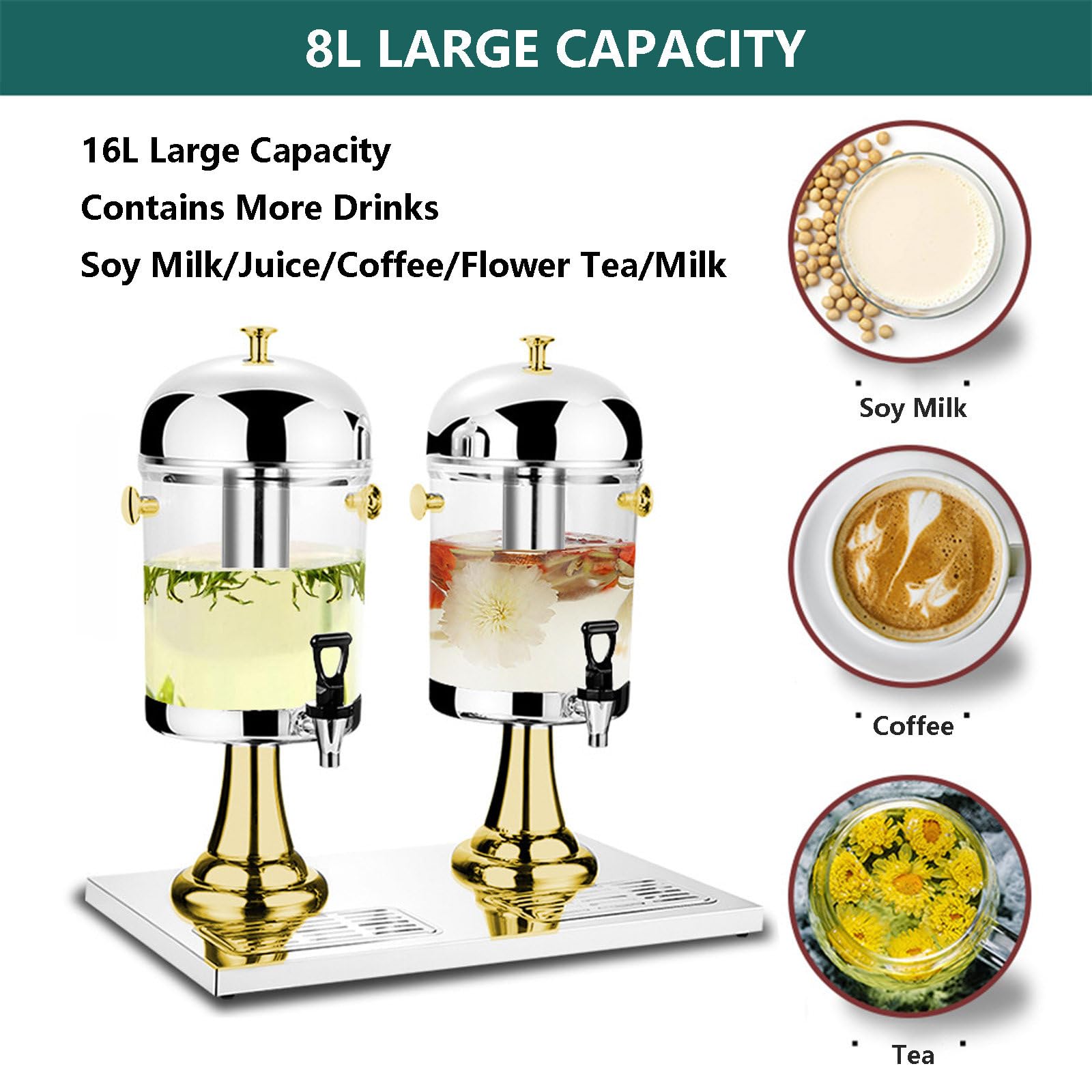 Dispensador de Bebidas con Grifo/dispensador de zumos fríos y Leche de Soja de Acero Inoxidable para una fácil Limpieza/Capacidad de 16 L para Uso Comercial, Buffet, restaurantes, Color pl